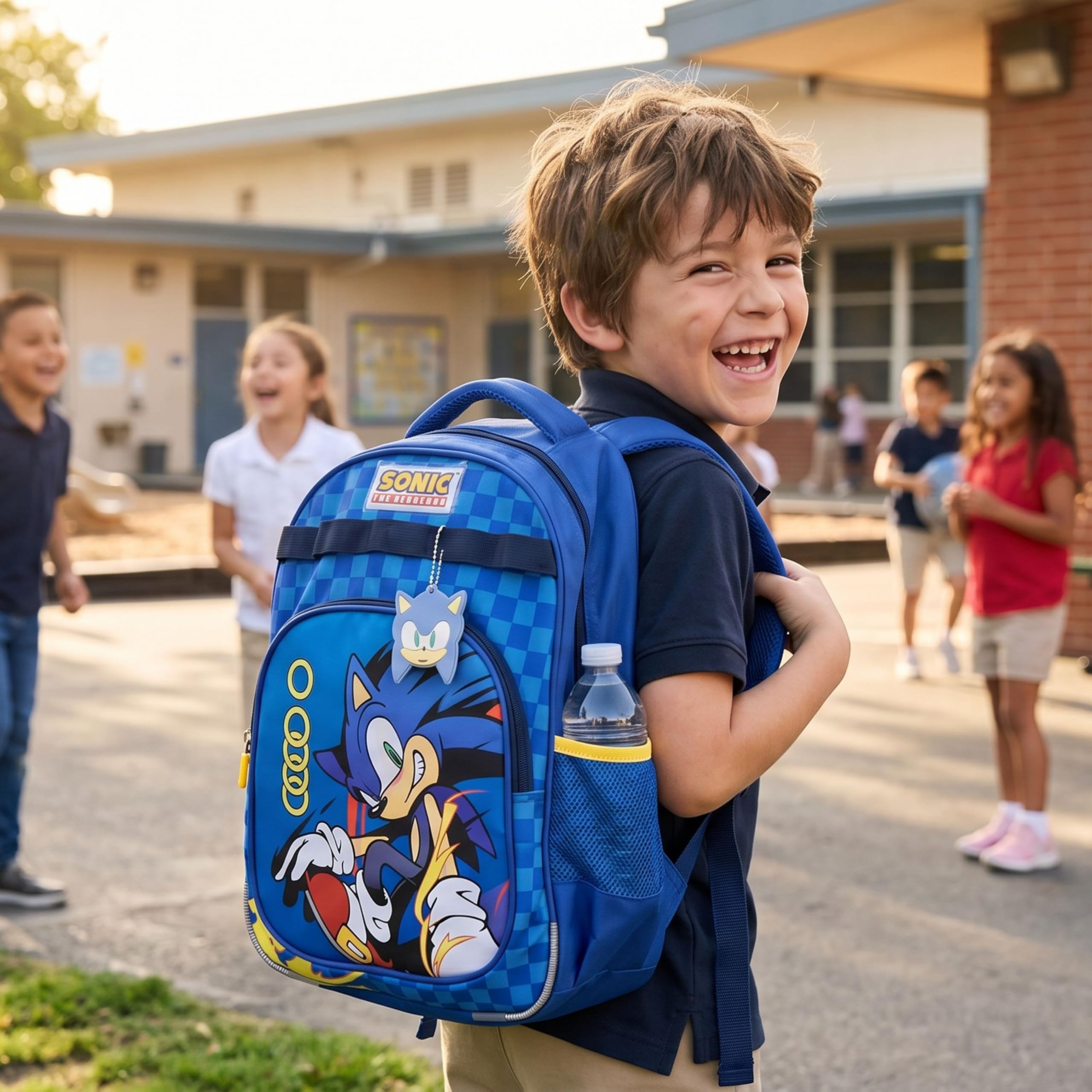 Sonic the Hedgehog - Mochila escolar para niños, 2 compartimentos, ligera, bolsa para libros grande con bolsillo frontal y bolsillo lateral de malla para botellas, mochila de viaje para niños, mochila