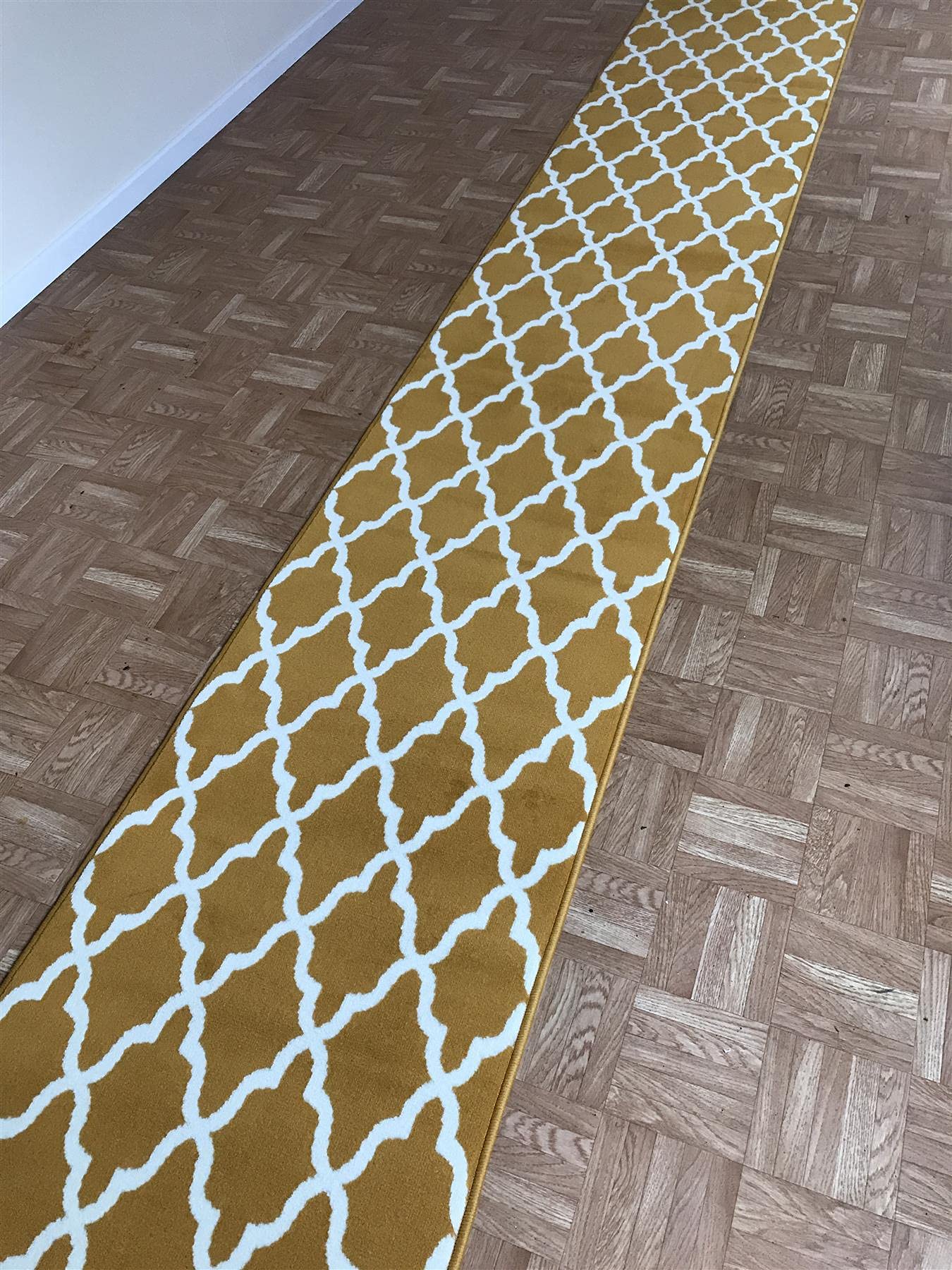 SrS Rugs® Luna Collection, Modern Long Carpet Runner Rug for Entrance Hall and Stairs. Smooth Soft 8mm Depth Pile. 70cm Wide. Any length (Gold Trellis, Length: 20' (610cm)) — image 1