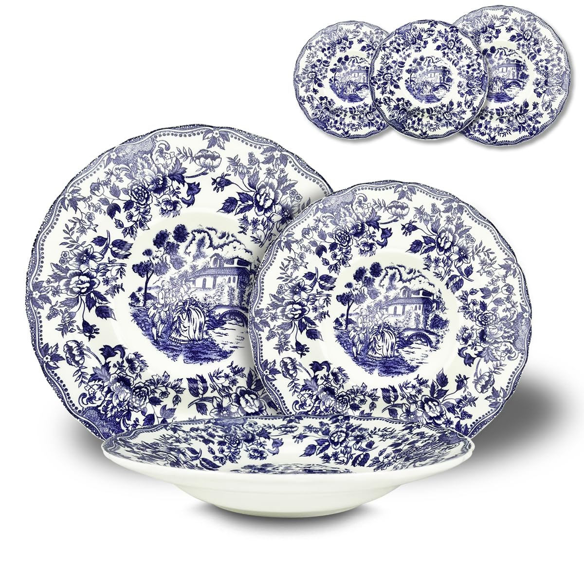ARCA - Servizio di Piatti 18 pezzi INGLESE BLU - 6 Piatti Piani - 6 Piatti Fondi - 6 Piatti Dessert in fine porcellana
