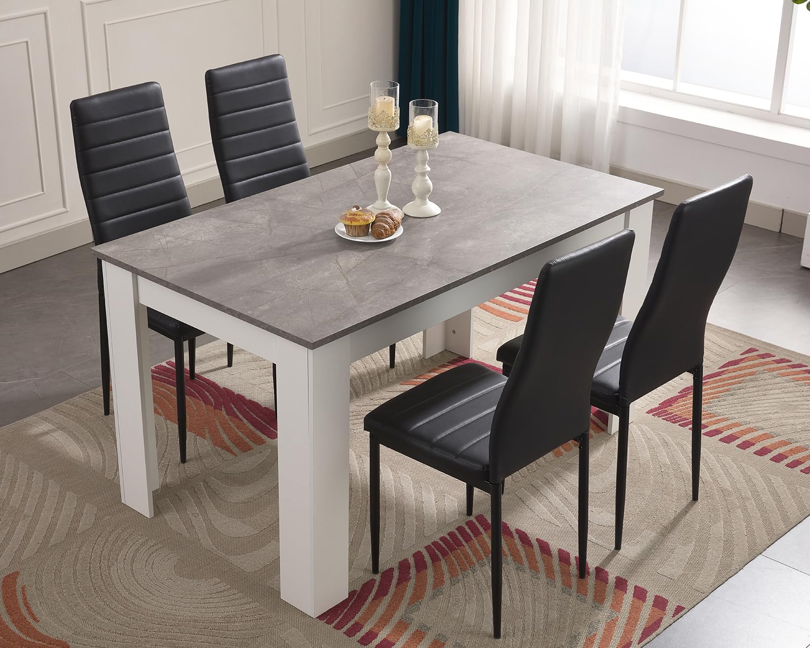 Blisswood Dining Table Set, Dining Table And Chair Set, Pu Leather Dining Room Chairs and 17mm Thick Table Top Long Modern Dining Set (Grey Marble Table And 4 Black Chair)