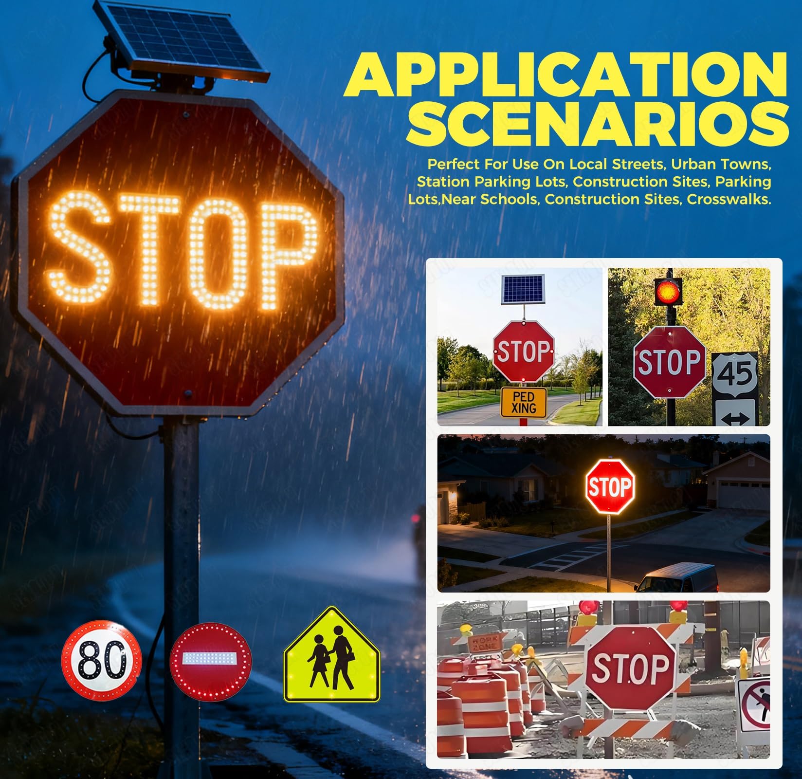 Señal de Stop de 60 cm (24") con Energía Solar, Luz de Stop Intermitente LED, Señal de Tráfico Octogonal, Película Reflectante de Grado Ingeniero - Ideal para Entradas de Vehículos y Escuelas