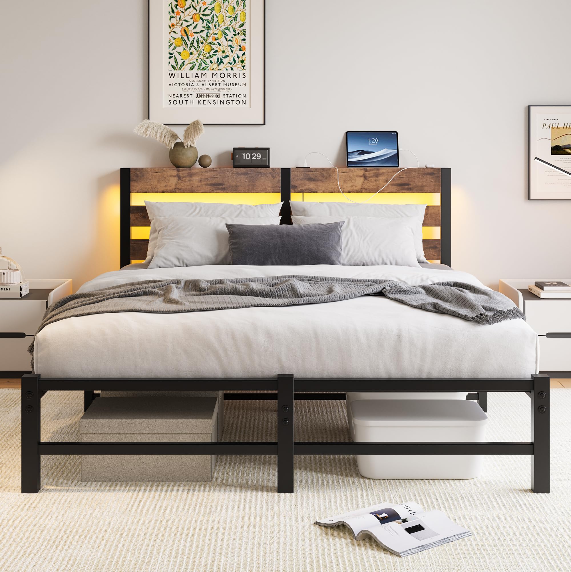 VERFARM 5ft King Bed Frame with Charging Station and LED Lights, Heavy Duty Metal Platform King 150x200 cm Bed Frame with Wood Storage Headboard, No Box Spring Needed, Noise Free, Brown