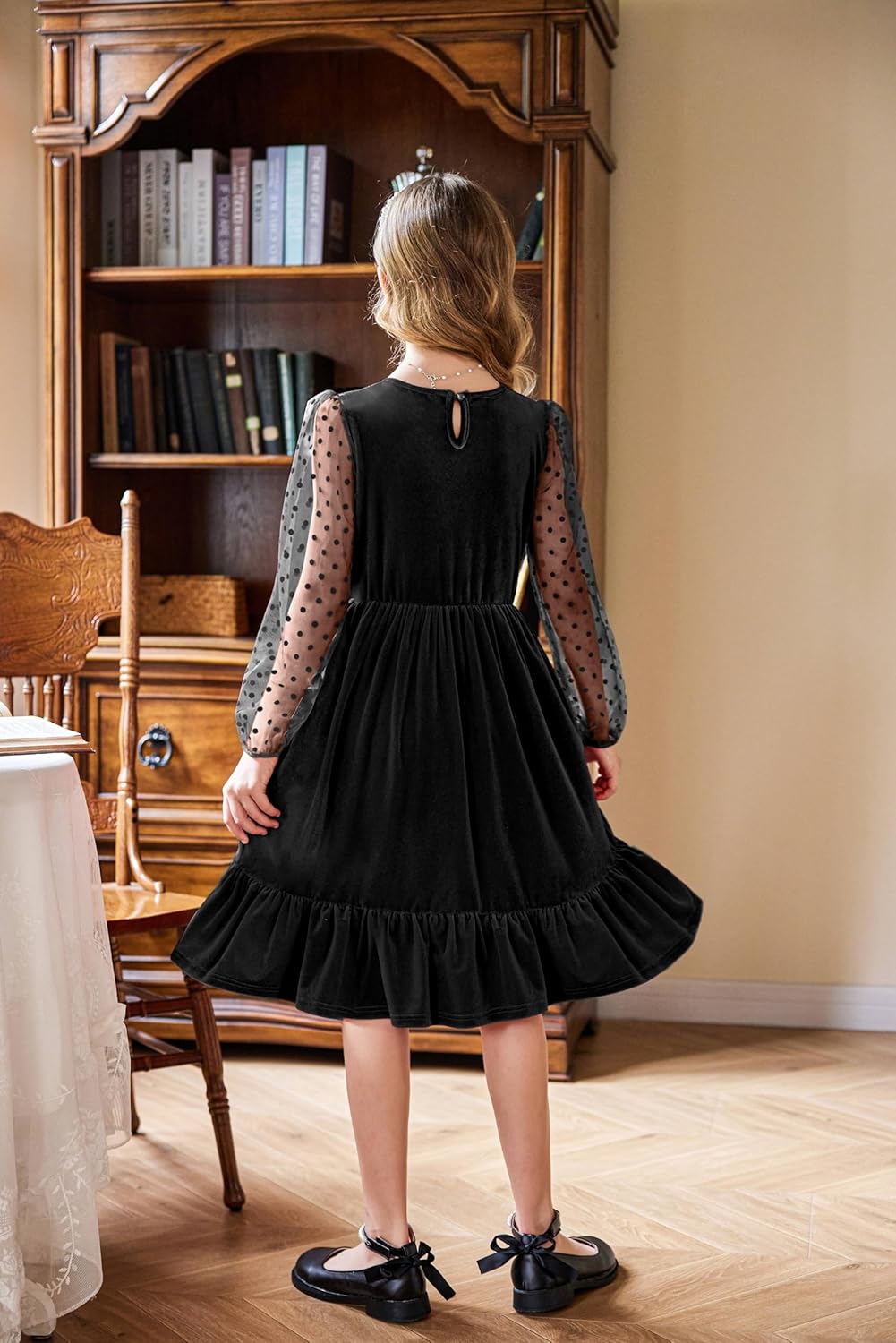 Arshiner Girls Dresses Contrast Mesh Velvet Long Sleeve A-Line Vintage Party Dress with Pockets - Image 7