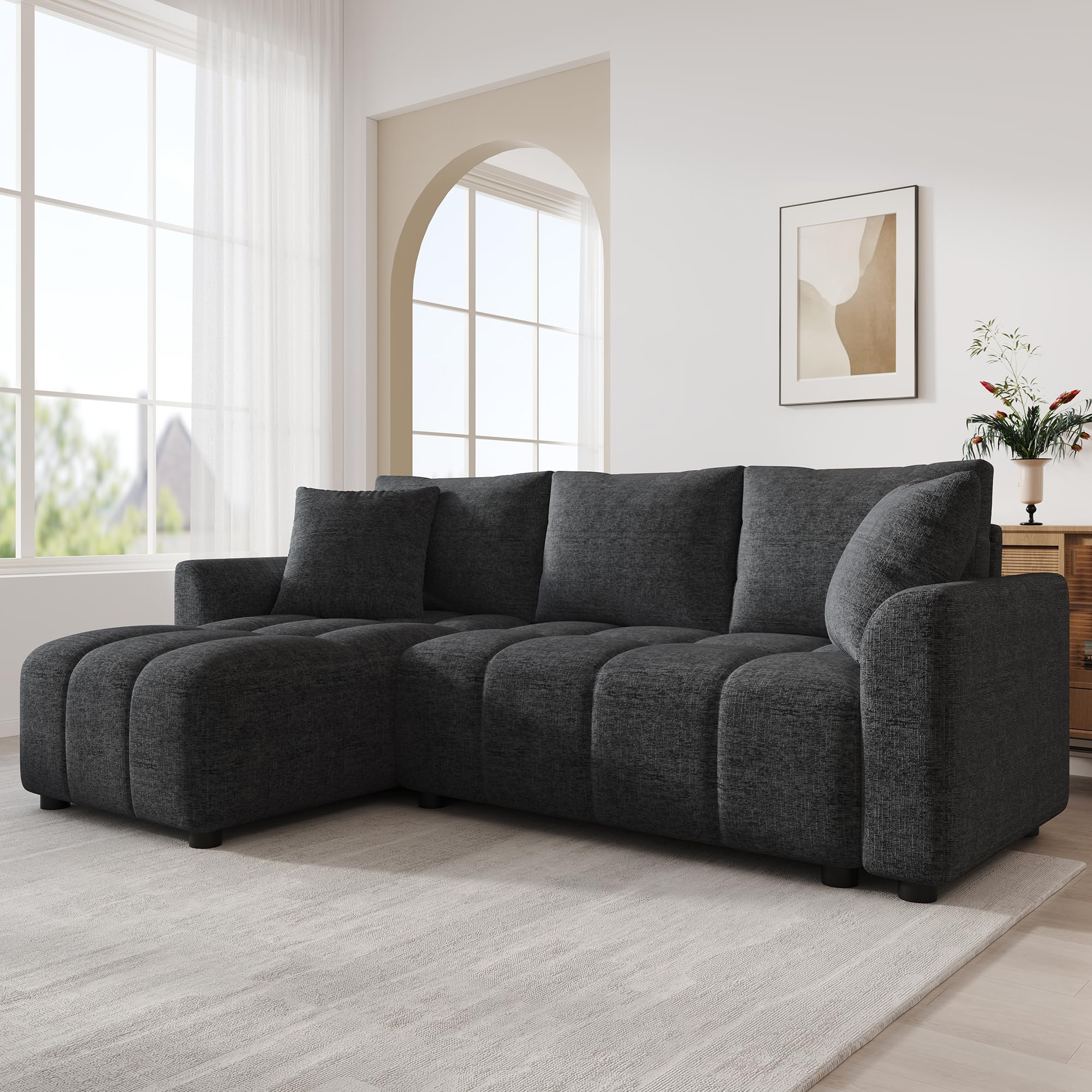Divano a 3 posti, in ciniglia, grigio, 82,5 x 127 x 204 cm, divano ad angolo trasformabile, a forma di L, con 2 cuscini decorativi, adatto per soggiorno e appartamento