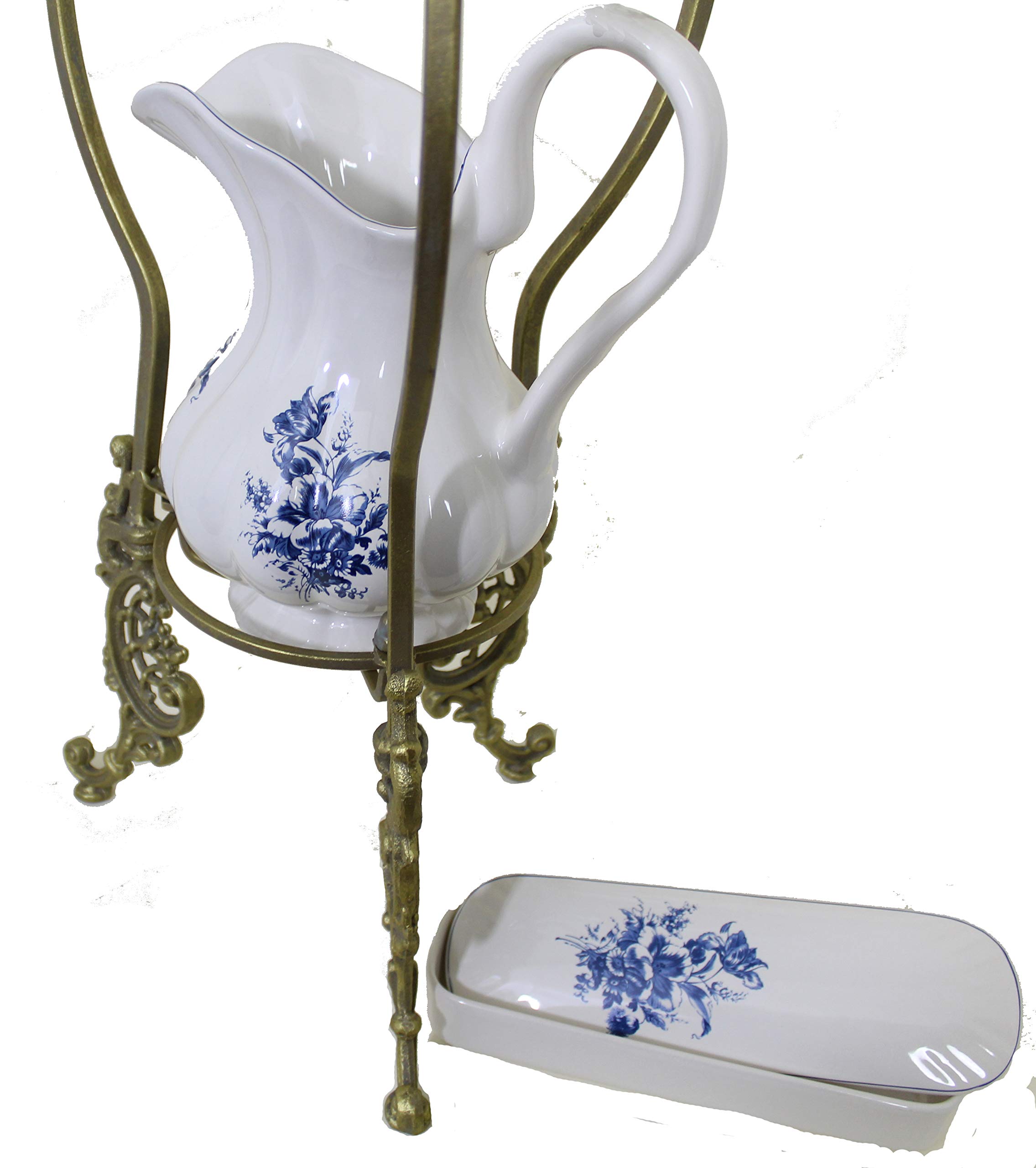 Waschschüssel Ständer im Barock Stil mit Wasch-Set komplett mit blauen Blumenmuster auch für den Garten