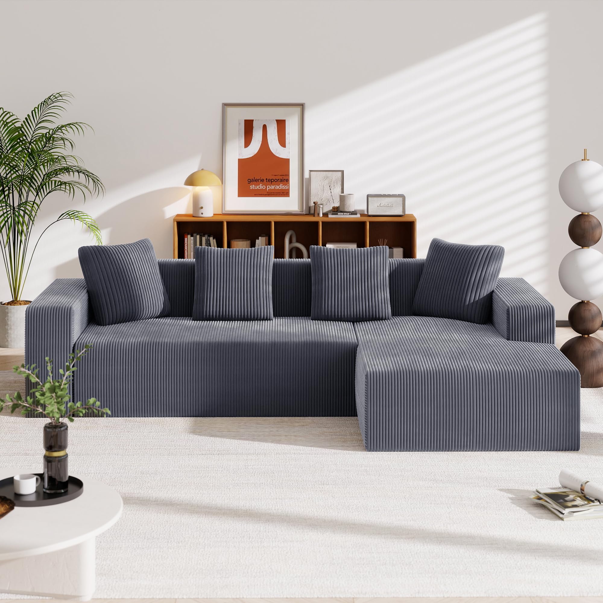 Bladez Sofá esquinero en L de 4 plazas - Sofá modular de pana con chaise longue reversible, 6 cojines, espuma de alta densidad, patas de plástico, duradero y cómodo, para salón, apartamentos (gris + 3
