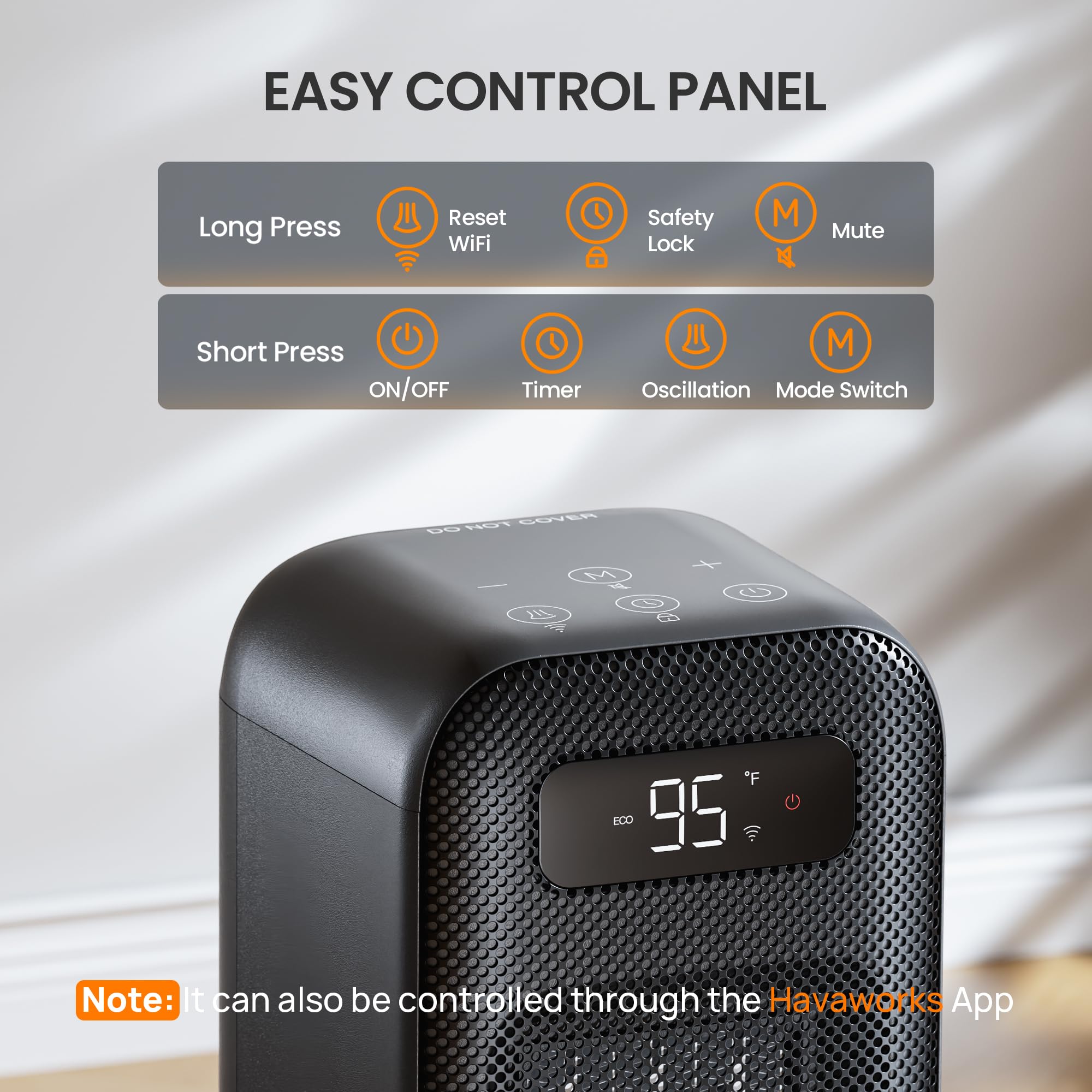 FLANUR Calentador de espacio para recámara, calentador eléctrico inteligente con WiFi y control de voz, temporizador de 12 horas, 4 modos, termostato, calentador de cerámica PTC de 1500 W, calefacción