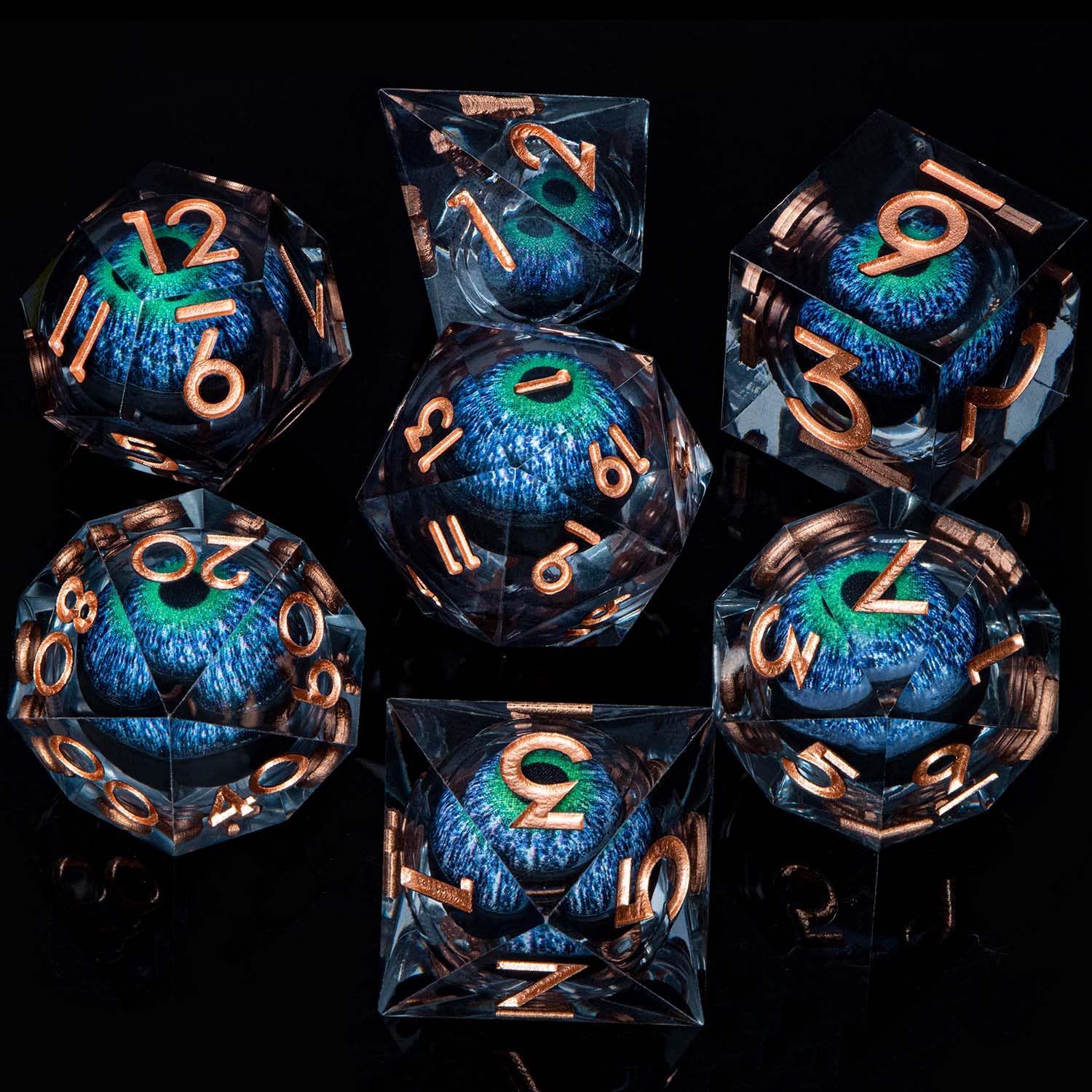 DND Set di dadi a forma di occhio di drago, con scatola, 7 pezzi, in resina, con bordo affilato, verde e blu, set di dadi poliedrici con nucleo liquido, dadi D e D, per giochi di ruolo D&D