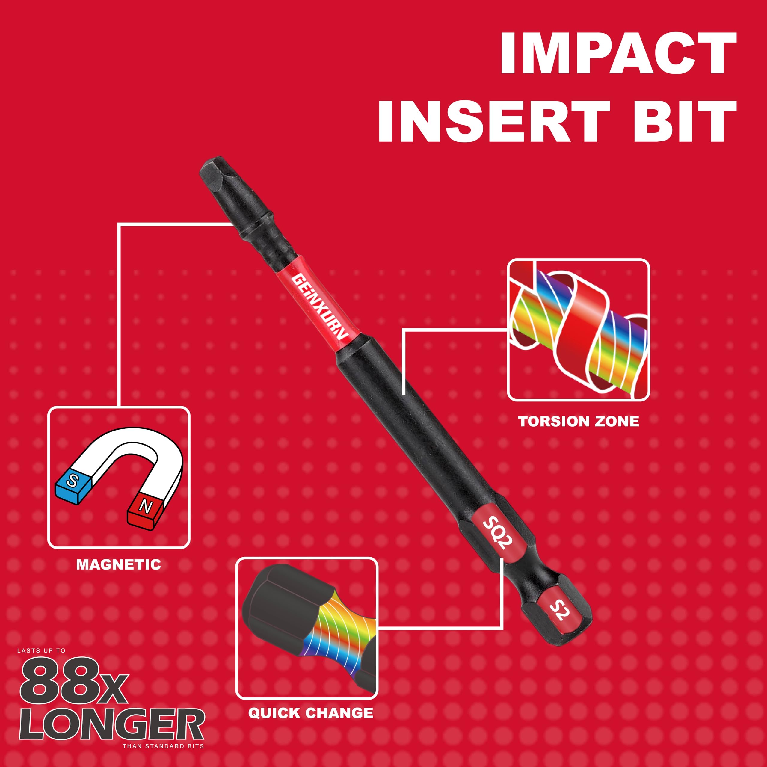 GEINXURN Impact Tough - Juego de 30 puntas de destornillador cuadradas #2 de 3 pulgadas, juego de 30 puntas de destornillador magnéticas SQ2 de 3 pulgadas de largo, a granel