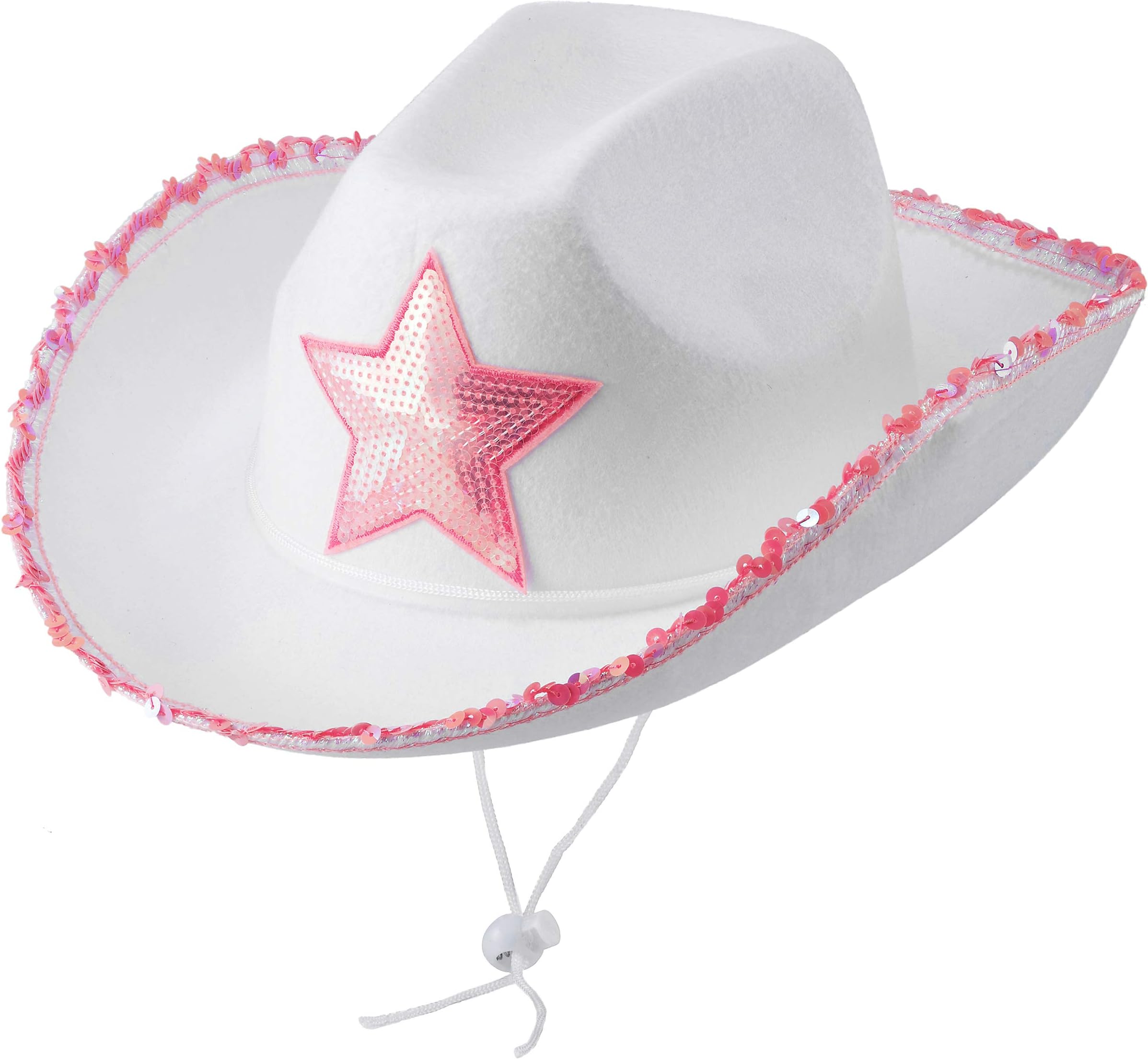 BedwinaBedwina White Cowgirl Hat - (pack Of 2) Adult Size Pink Star Cowboy Hats For Women With Sequin Trim Fringe, Adjustable Neck Drawstring For Costume Party, Play Dress-up