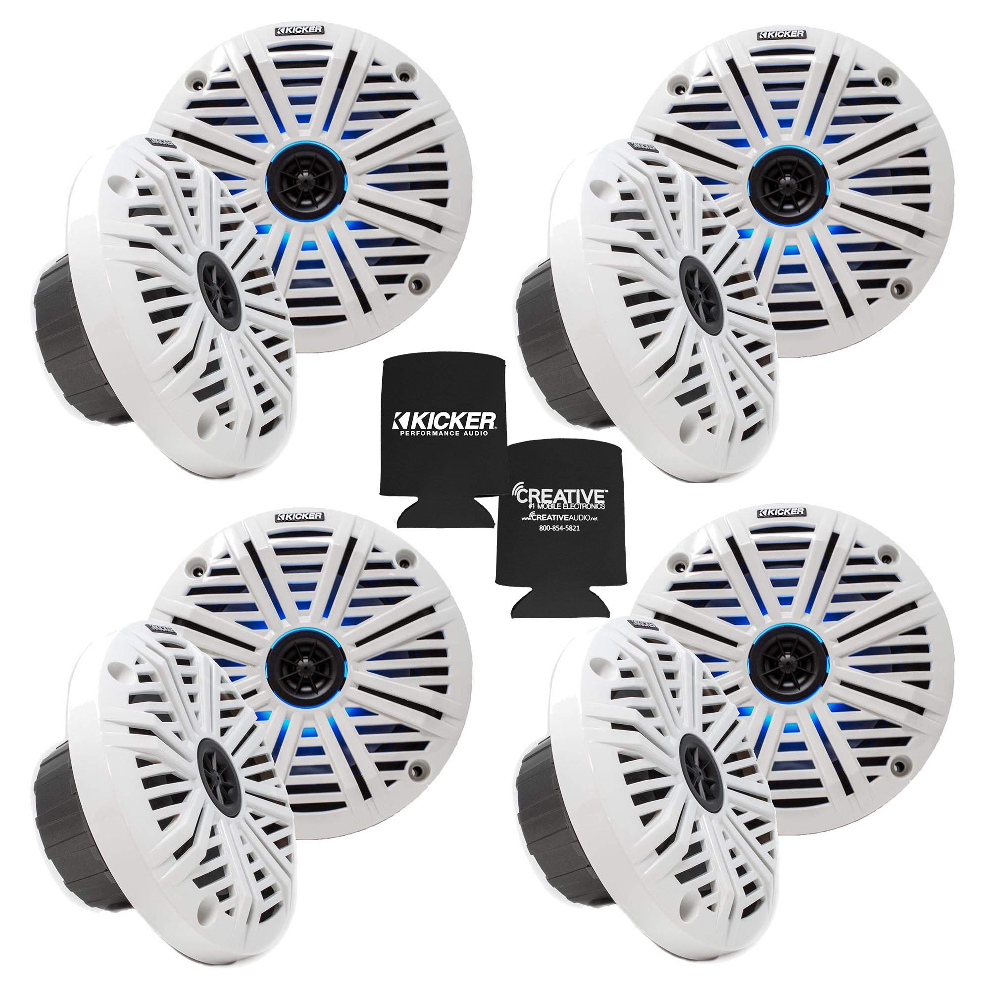 Kicker 6.5" LED Marine Speakers (4 Pair / 8 Speakers) – White Saltwater Grilles – Boat Audio Upgrade for Pontoon &amp; Center Console