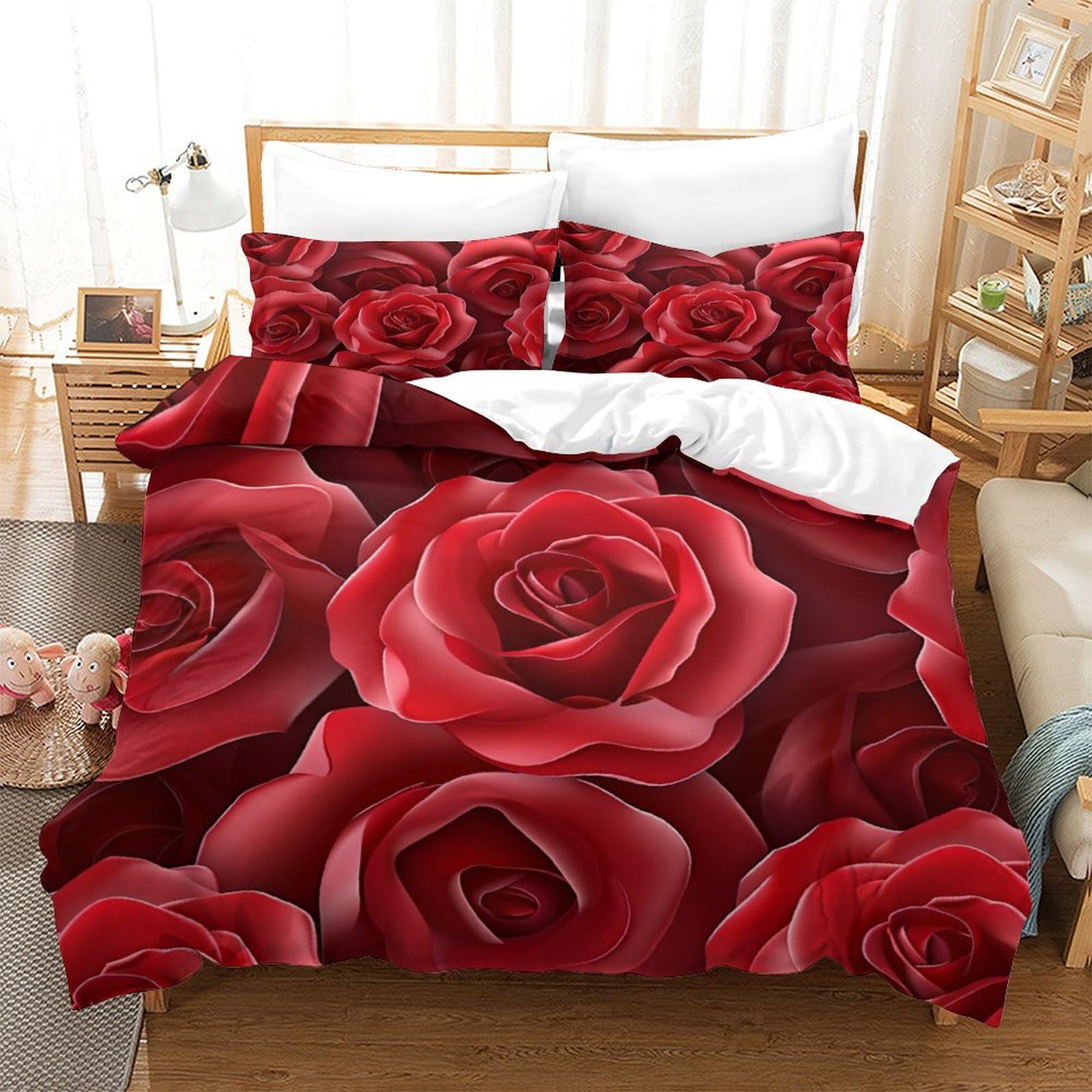 UENDOKRNN Rose Duvet Cover 3 PCS Hotel Quality Quilt Cover Bedding Set Bed Covers with Pillowcases with Zipper Closure Ultra Soft Hypoallergenic Microfiber Single（140x200cm）