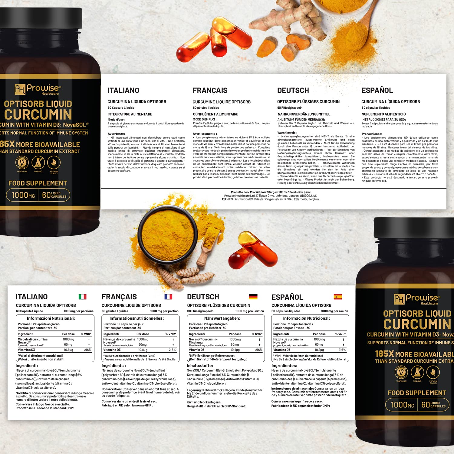 Optisorb flüssiges Curcumin mit Vitamin D – 60 Liqcaps | 185x Bioverfügbarkeit von Kurkuma und Curcumin – Ultra bioverfügbar | Flüssige Kapseln mit 1000 mg NovaSOL Tagesdosis