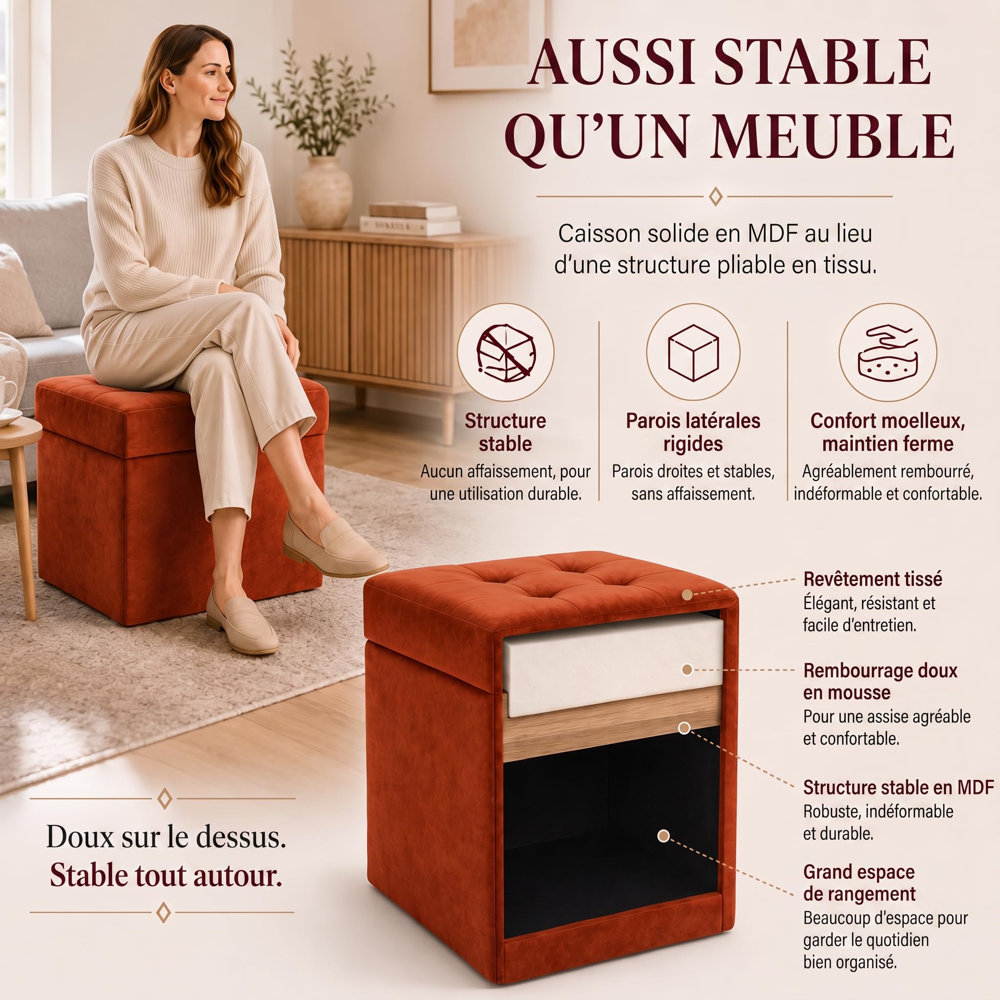 VELORA H&L Pouf Coffre 45 x 45 cm Orange – Pouf de Rangement en Velours, Assise Rembourrée, Structure Solide, Charge jusqu'à 150 kg, pour Salon Chambre et Entrée