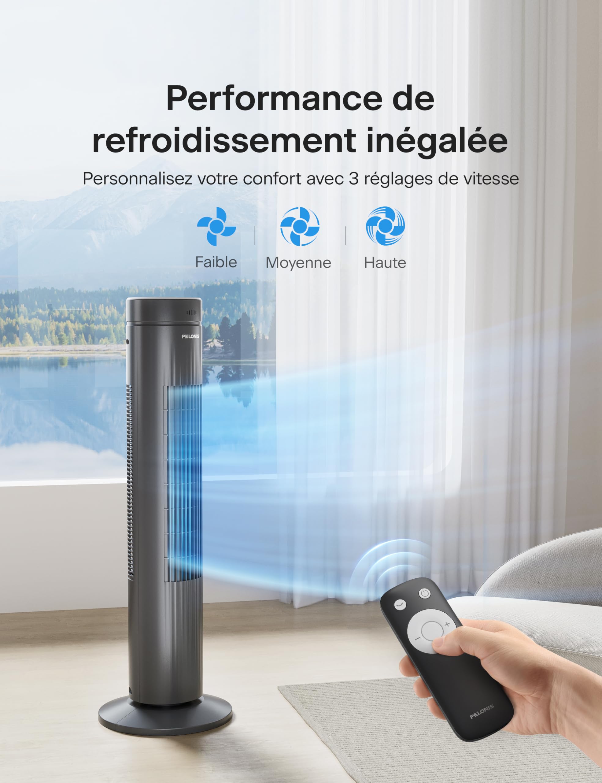 Pelonis Ventilateur Tour Très Silencieux, Télécommande, 3 Vitesses, Minuterie 7H et 3 Modes, pour Chambre