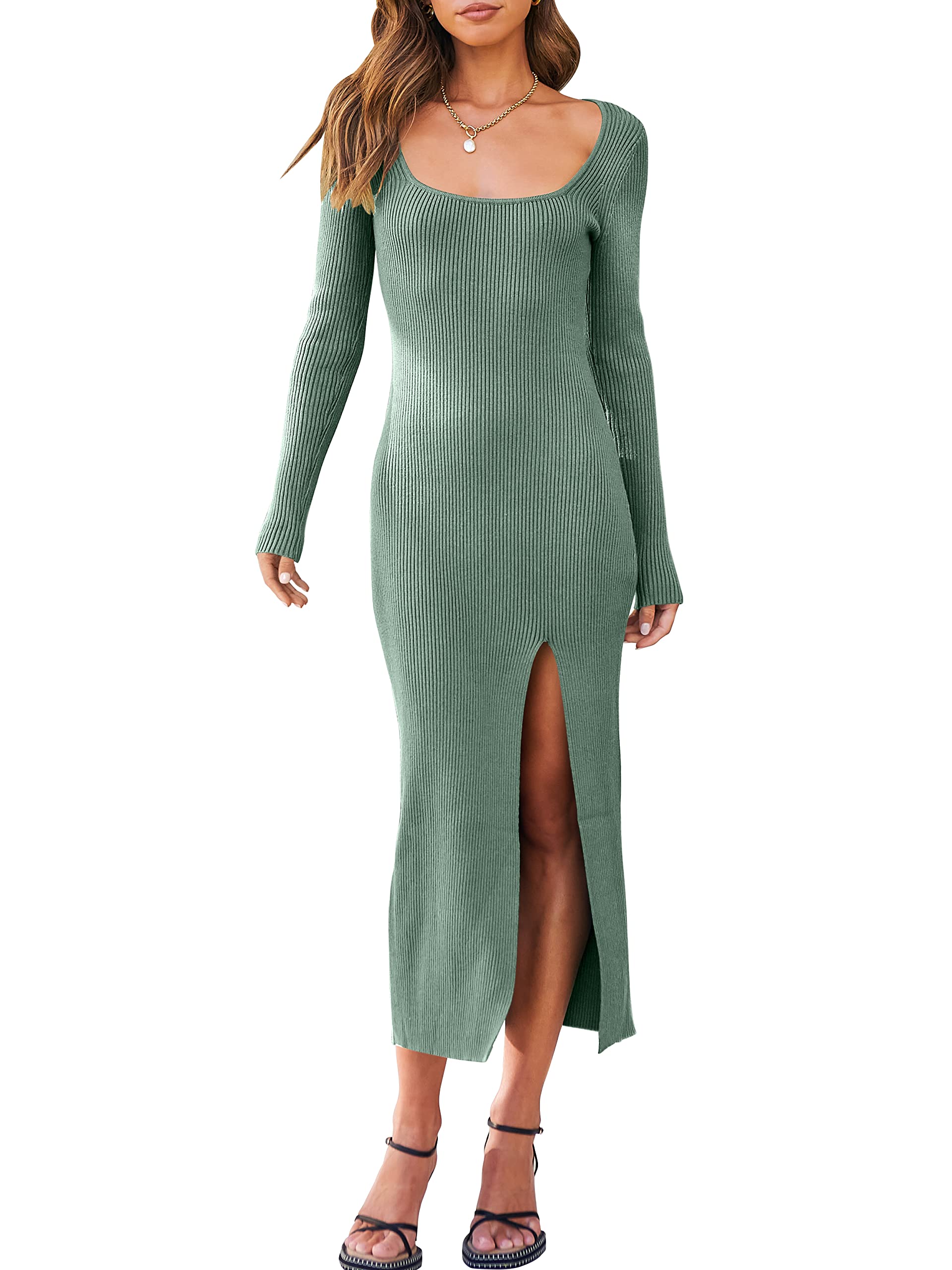 ANRABESSWomen's 2023 Fall Long Sleeve Sweater Dress Square Neck Side Slit Bodycon Ribbed Knit Slim Fit Midi Dress