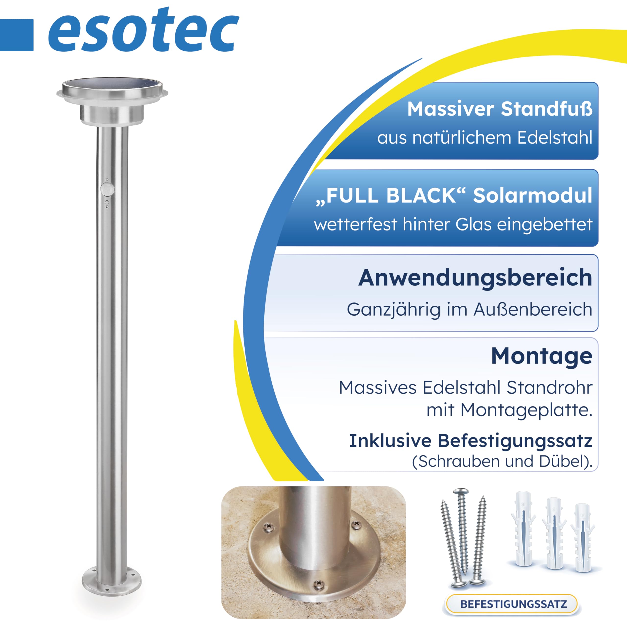 esotec Solarlampen für außen mit Bewegungsmelder, Solarleuchten Garten, Solar Wegeleuchten für außen, Gartenbeleuchtung Solar Außen H=85cm 600lm 102597