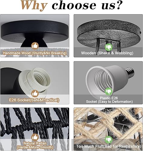 Miniatura 4 de Lámpara de ratán, lámpara de techo bohemia tejida a mano, montaje en techo hecho a mano con pantalla de tela, lámpara de granja para dormitorio,