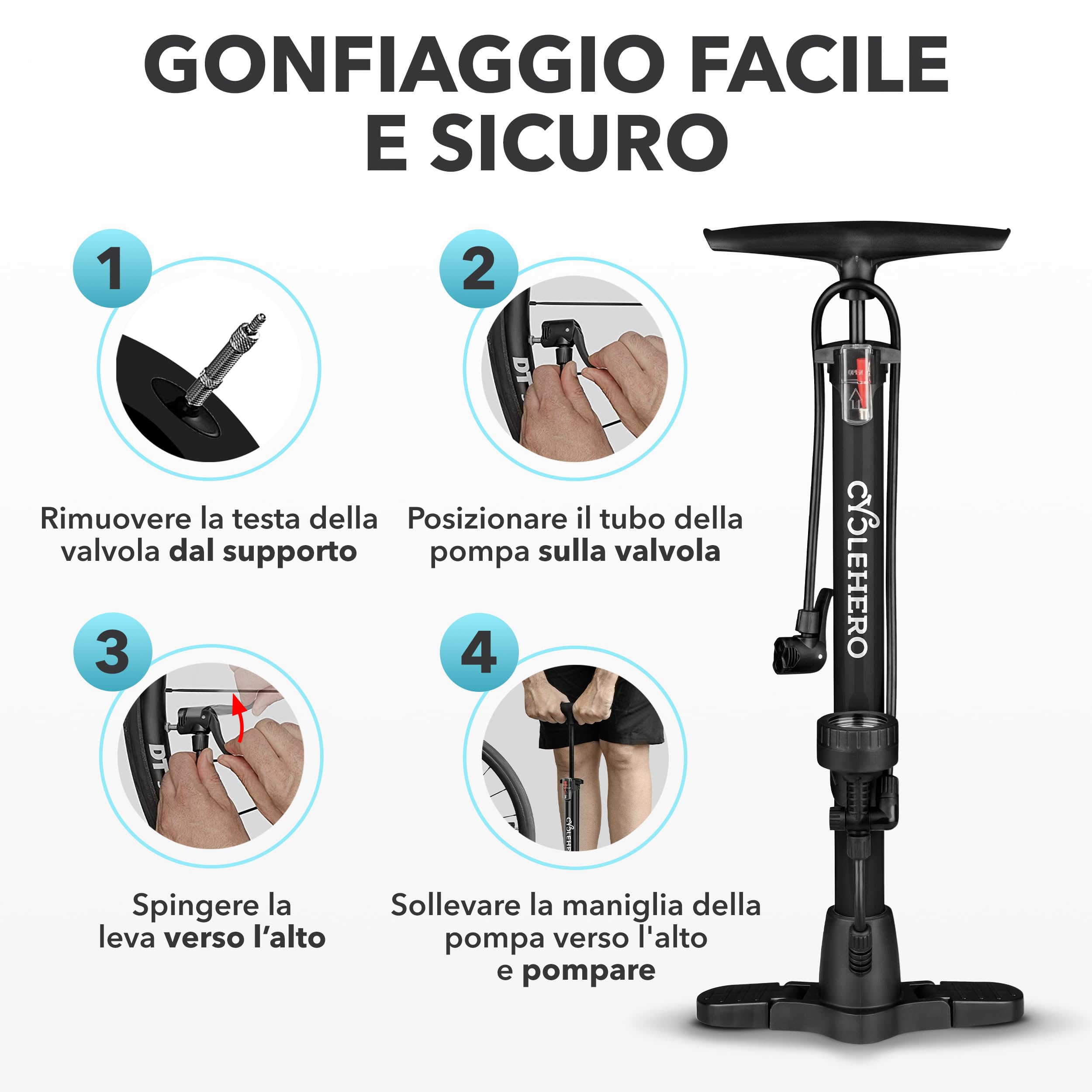 Pompa per bicicletta tutte le valvole - TESTATO MOLTO BENE - GARANZIA DI 10 ANNI Potente pompa per bicicletta ad aria - con valvola francese - Pompa per bicicletta a pavimento con manometro