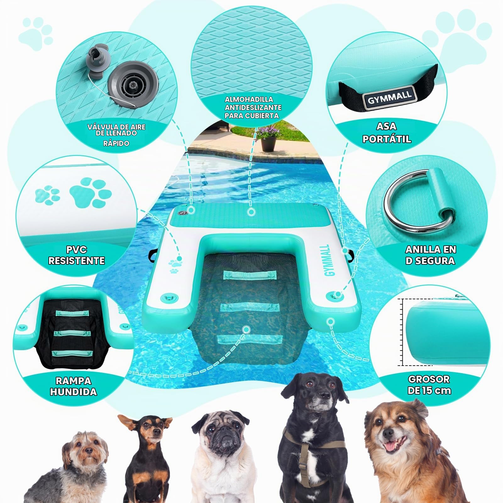 Plataforma Inflable para Perros 120x100cm, Rampa de Agua para Barcos, Piscinas, Lagos y Mar, Plataforma Flotante Antideslizante para Perros de hasta100kg, Rampa de EVA con Escalera para Perros