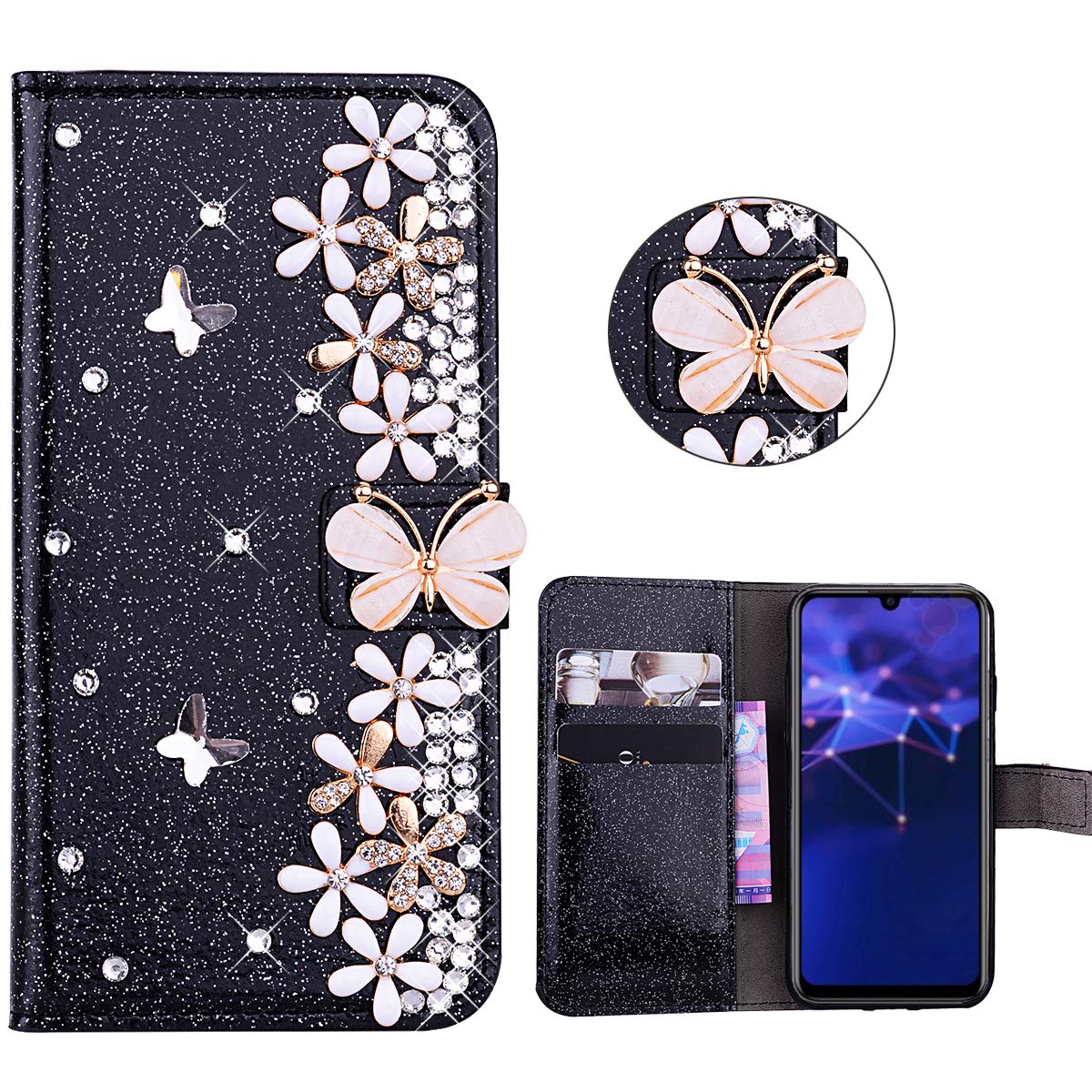 Custodia Huawei P Smart 2019 Con Strass E Catena - Cover Lucida Perla Con Portacarte E Protezione Lente - Foto 4