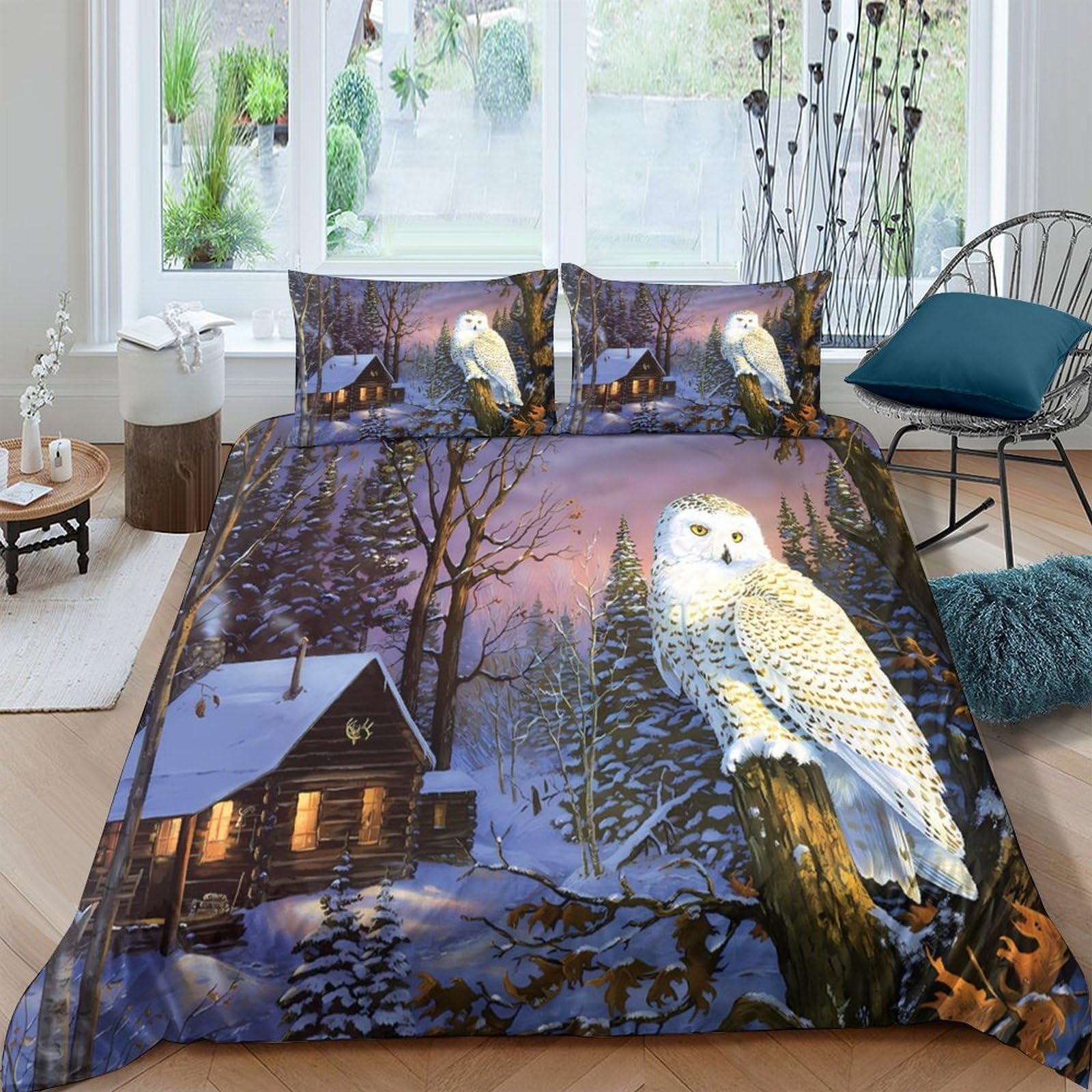 Ctjqhvkz Style-5 3D Printed Snowy Owl Fitted Sheet Microfiber Winter Forest Bed Cover Soft Washable Decor For Bedroom Guest Room Single（135X200cm）
