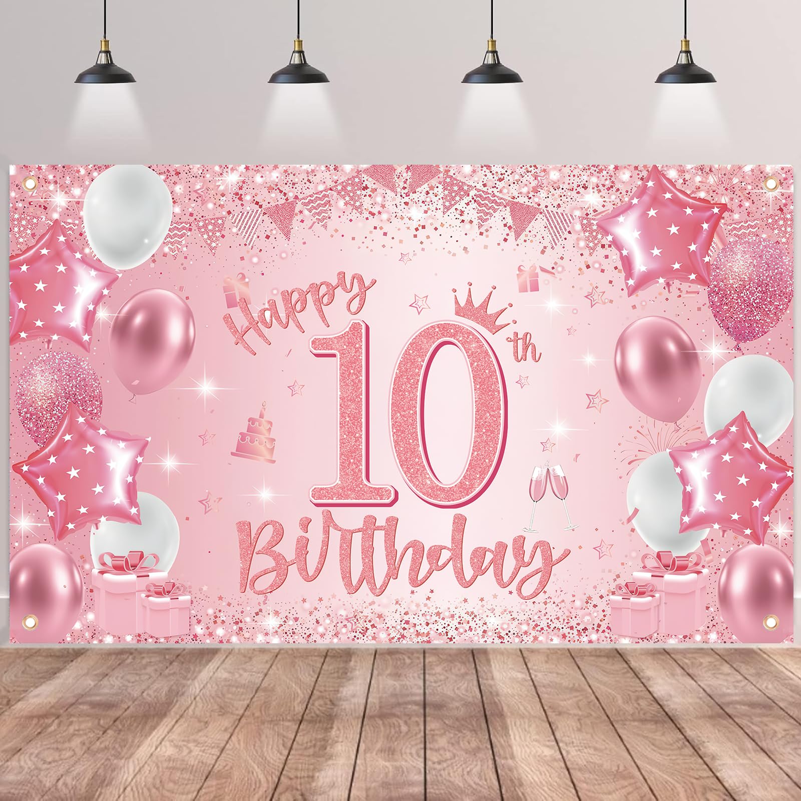 Happy 10th Birthday Banner Backdrop - Pink Double Digits Backdrop Decoration Photography Background, Fabric Sign Poster for 10 Years Old Girls Birthday Party Supplies — image 1