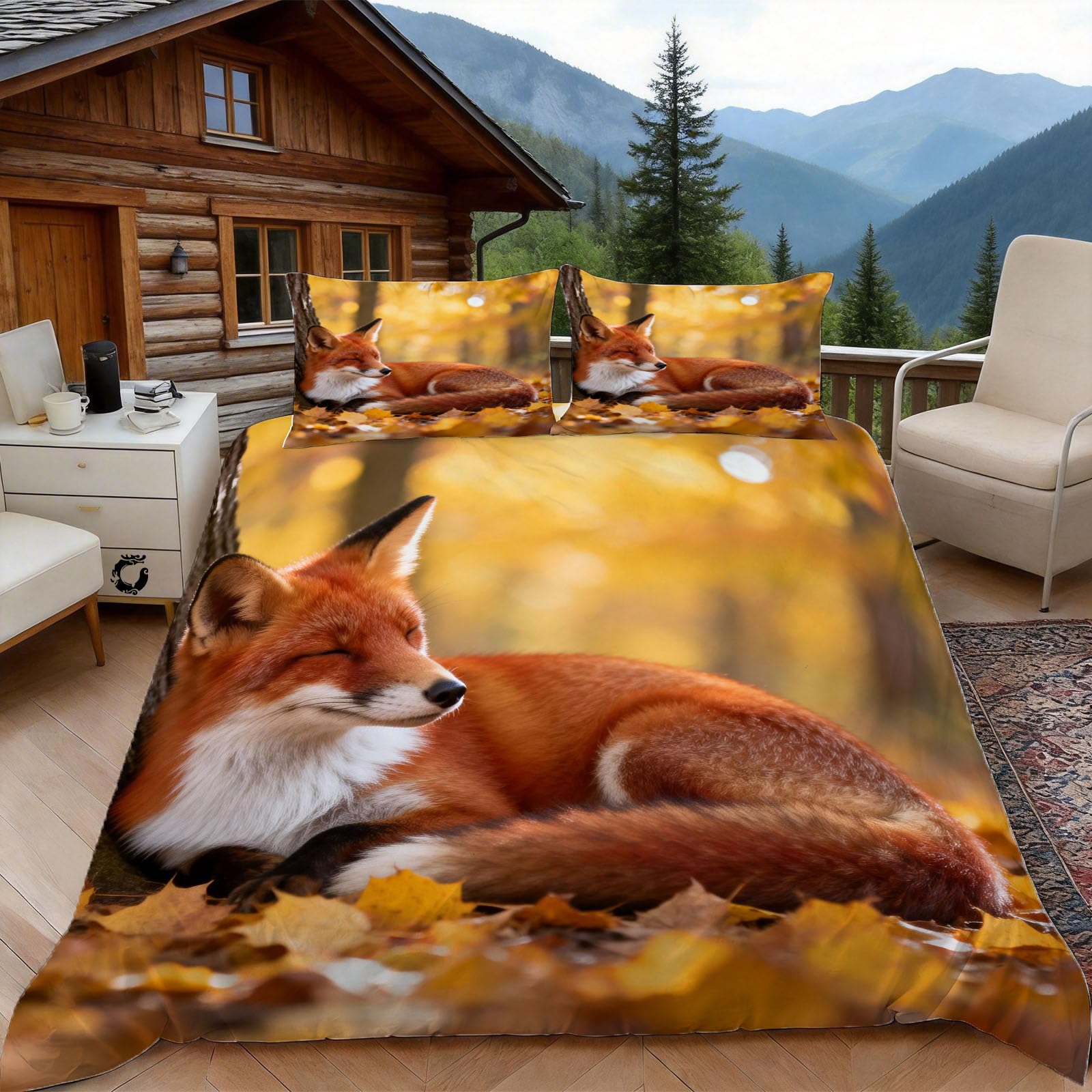 3D Double Duvet Set 3D Printed Fox Bedding, Wildlife Animal Soft Microfibre Duvet Cover Sets Quilt Cover and Pillow Set with Zipper 3 Pcs