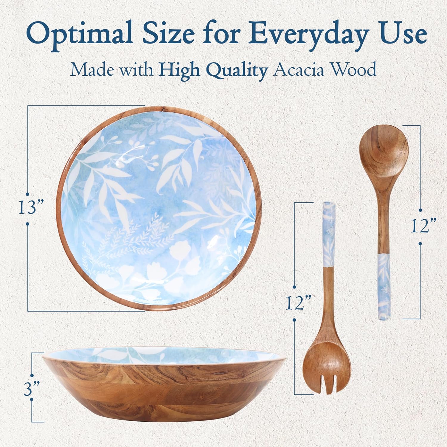 Large Wooden Salad Bowl Set - Premium 13-inch Acacia Wood Salad Bowl with Servers - Decorative Wooden Bowl with Fork and Spoon - Fruit Bowl - Serving Bowls for Entertaining (Azure Garden) - Image 2