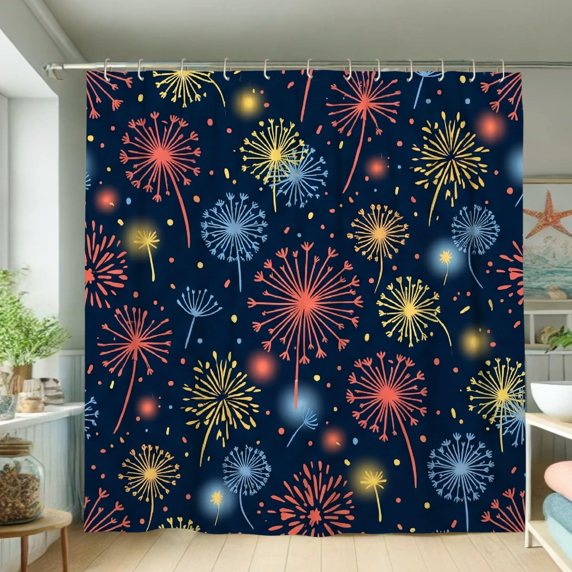 Rideau de douche feu d'artifice en polyester bleu marine imperméable pour salle de bain