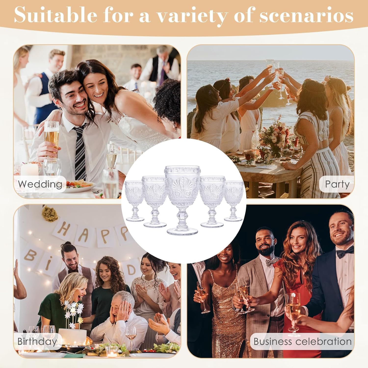 6 Pcs White Wine Glasses,Goblet Glasses,Vintage Glassware, Made of Sturdy and Durable Glass Can be Used for Weddings, Everyday Fun Parties and More!