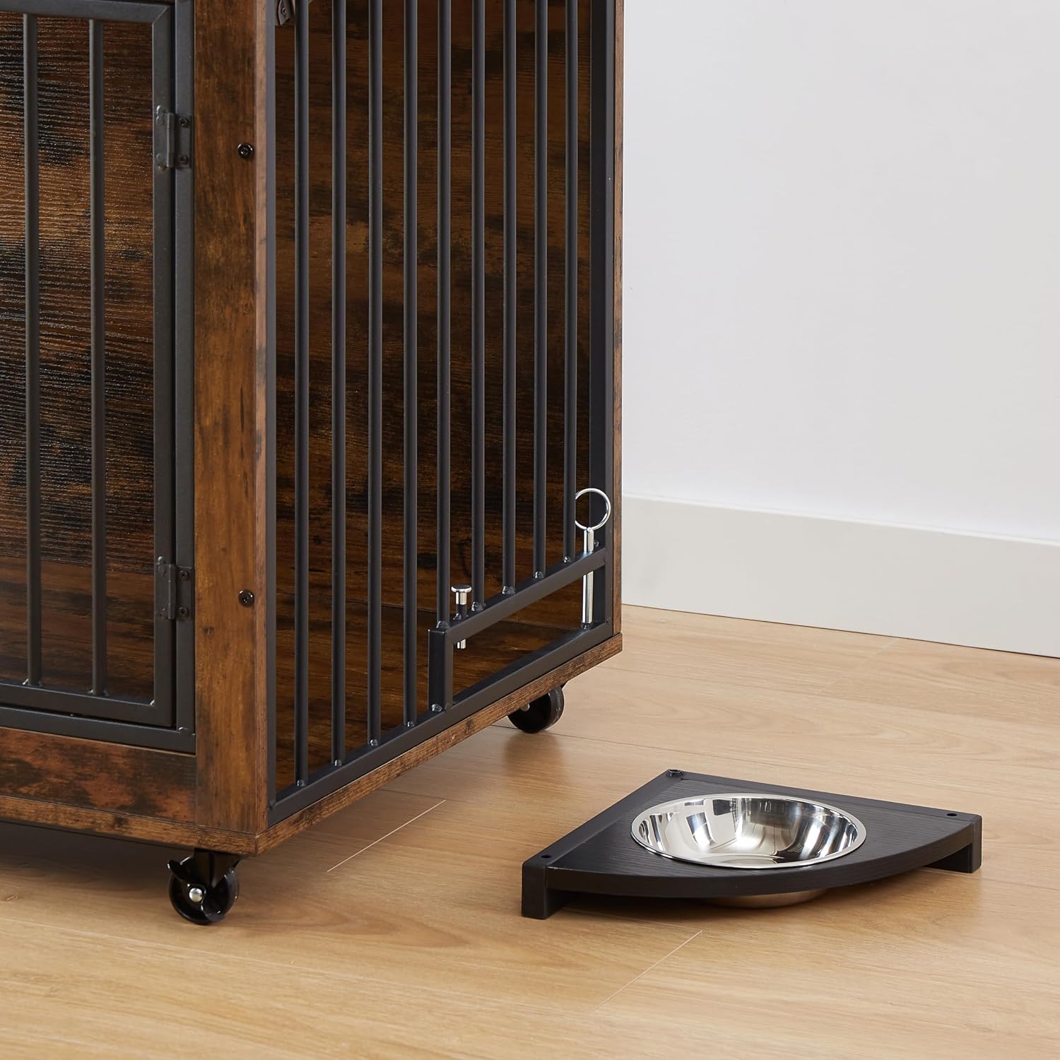 GOWE Furniture Style Dog Crate Side Table with Rotatable Feeding Bowl, Wheels, Three Doors, Flip-Up Top Opening. Indoor, Rustic Brown, 38.58" W x 25.2" D x 27.17" H