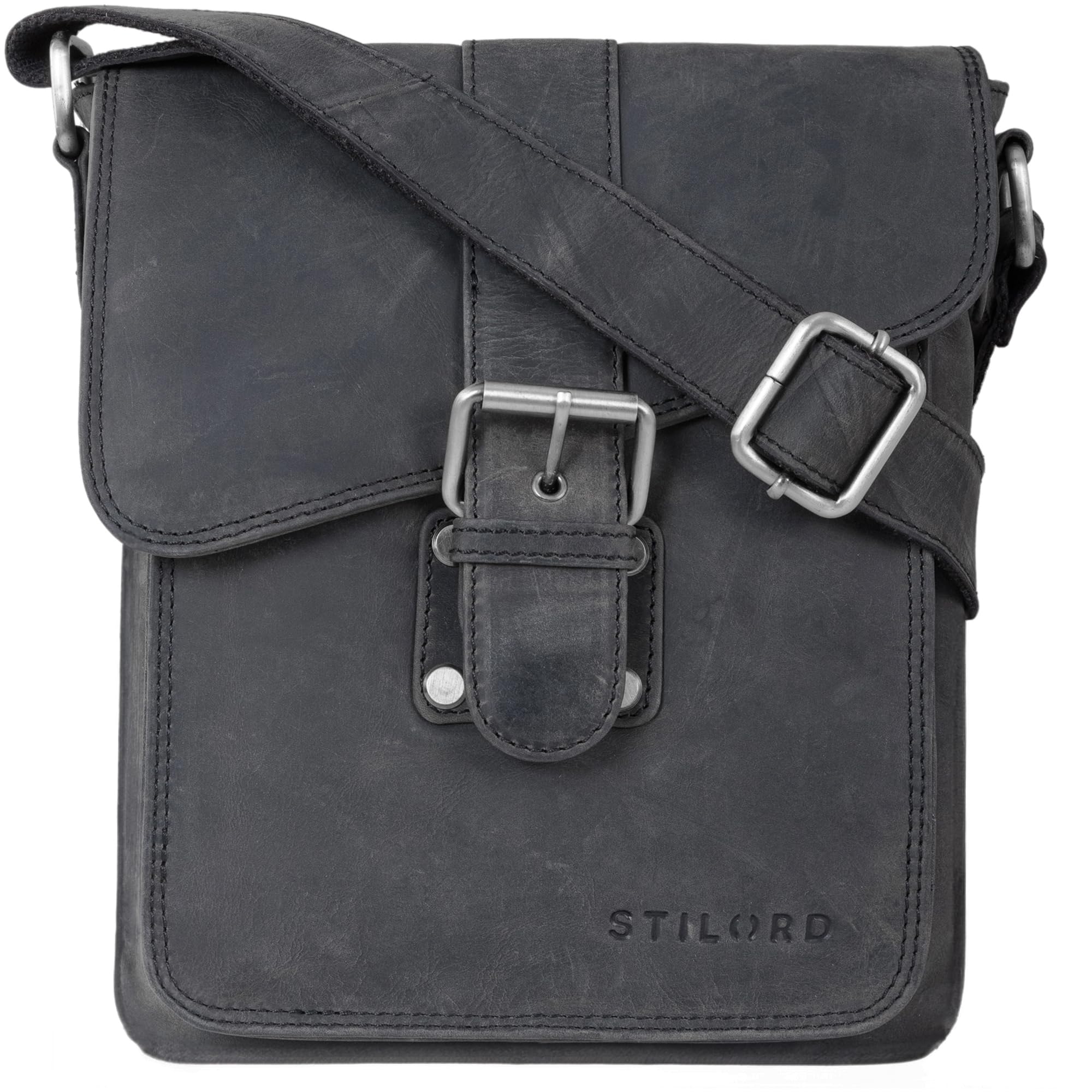 STILORD 'Mattia' kleine Umhängetasche Herren Echtleder Vintage - Schultertasche für 10,1 Zoll Tablets & iPads 9,7 Zoll - Messenger Bag & Herrenhandtasche, Farbe:carbon - grau