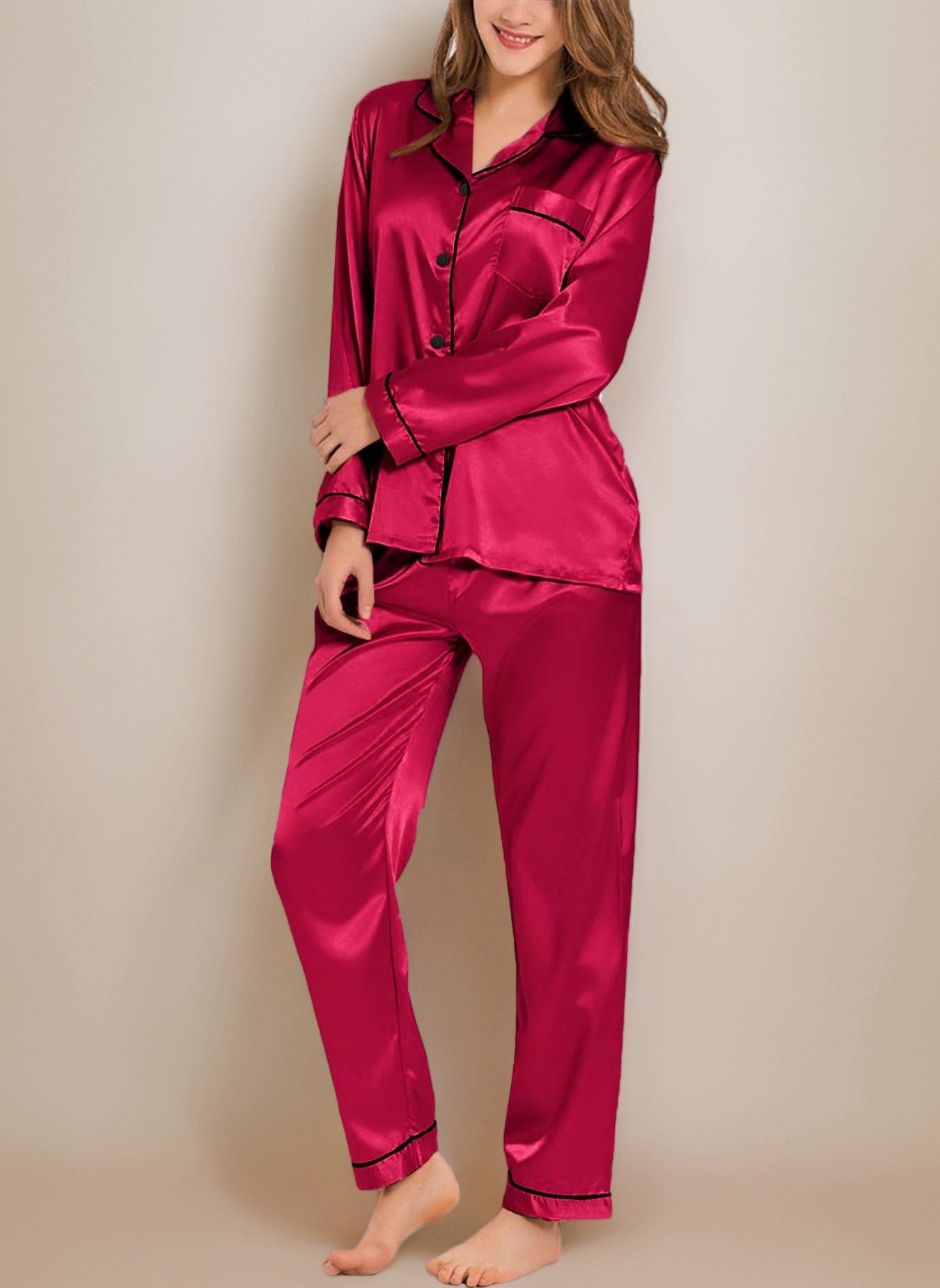 SWOMOG Women's Pyjama Set Silk Satin Long Sleeve Button Down Pyjamas Two Piece Comfy Sleepwear and Loungewear Set