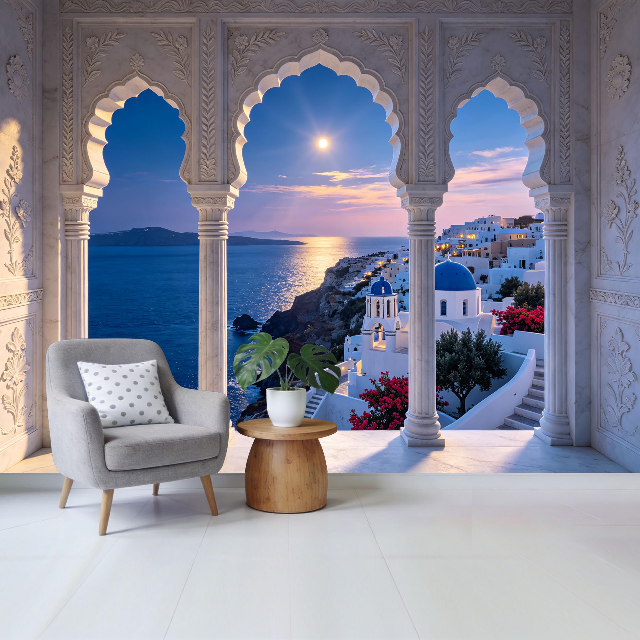 Custom Size Wall Mural Coastal Mediterranean Sunset Ocean View Architecture Landscape Removable Self Adhesive Fabric Home Wall Decor for Living Room Bedroom Bathroom