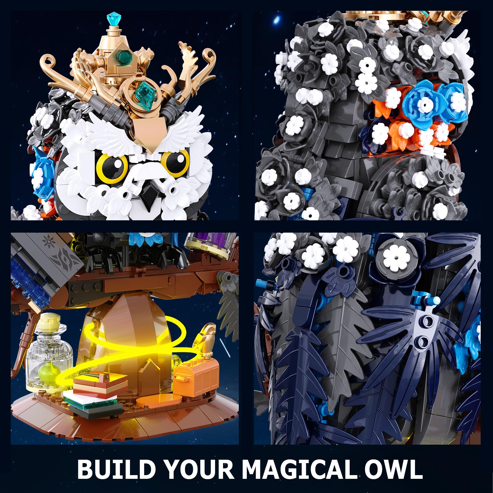 TOY PLAYER Búhos mágicos flores modelo animal con luz – Juego de bloques de sujeción para adultos, compatible con LEGO, divertido kit de construcción para adultos y jóvenes a partir de 14 años (1288