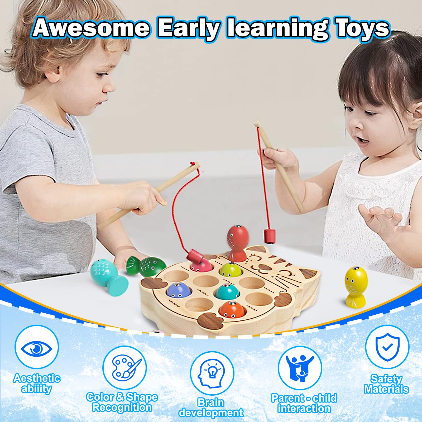 UCAMP Giochi Montessori,Magnetici di Pesca Giocattoli,2 Anni Legno Educativo Giocattoli,2 in 1 Giochi Magnetici di Pesca in Legno,Compleanno Regalo per 2 3 4 Anni Bambini Ragazzi