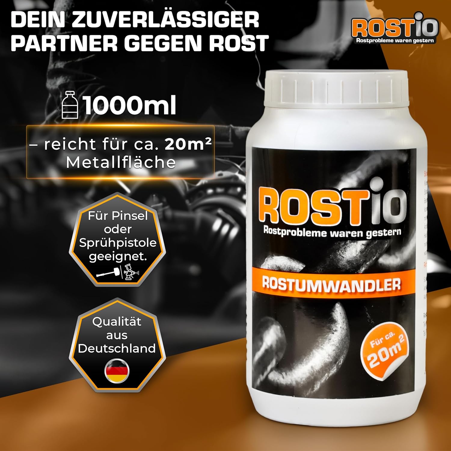 Rostio Rostumwandler 1L – Rostentferner – Rostkonverter & Grundierung – für Auto, Stahl & Eisen – kein Abwaschen – überlackierbar nach 6–8 h – ergiebig bis 20 m² 1 Stück