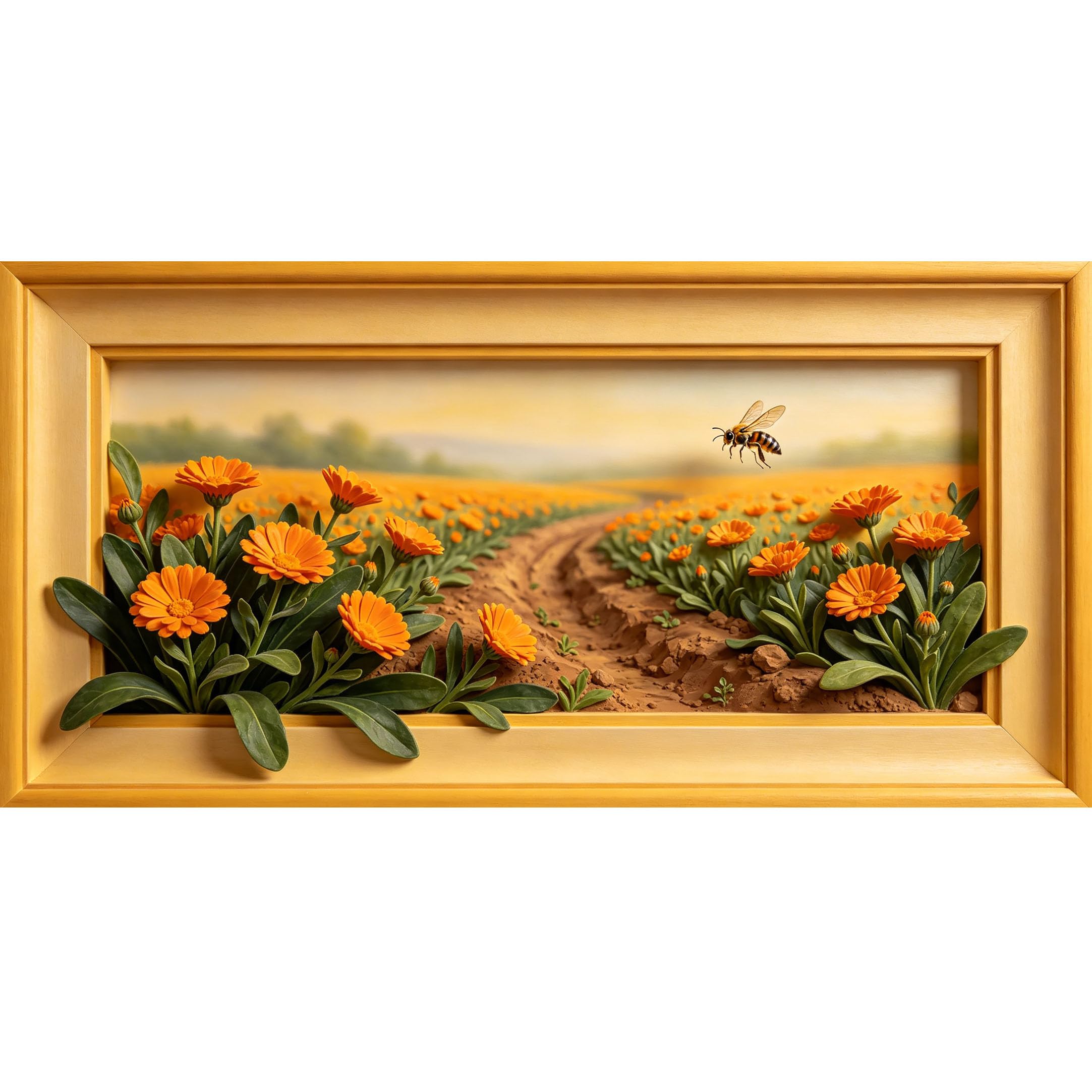 Agglomerix 3D Framed Wall Art Botanical Floral Field Bee Farm Path Relief Landscape Large Size Self-Adhesive Removable Wall Decor Prints Artwork for Living Room Bedroom Office
