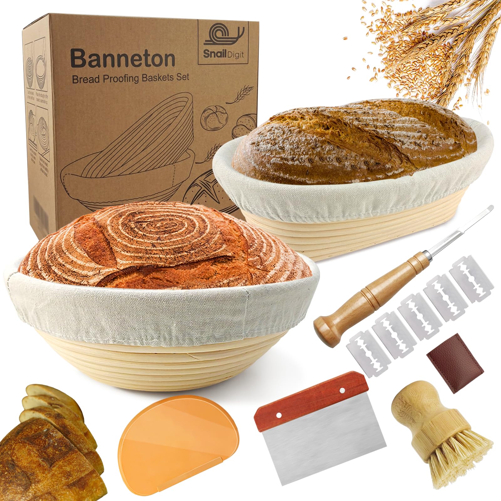 Fournitures pour la Fabrication du Pain au Levain: Banneton Rond 23cm et Ovale 25cm avec Doublure+Lame à Pain+Racleur de Pâte, Set de Préparation de Pain Cadeau pour Boulanger