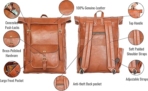 Miniatura 6 de jaald Mochila de cuero marrón de 23 pulgadas, mochila vintage para portátil, bolsa de viaje grande con parte superior enrollable, cómoda y ligera,