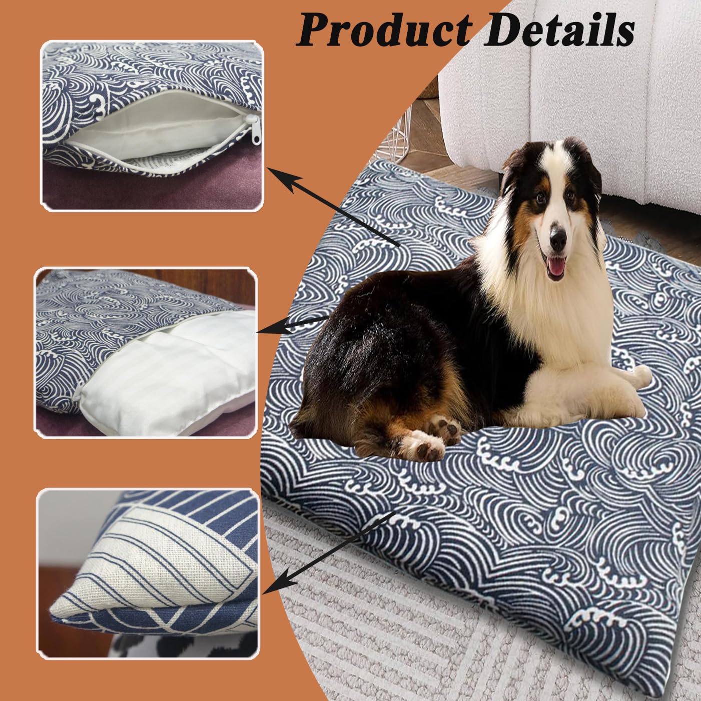 Großes Hundebett, waschbar, luxuriöse Hundematte mit abnehmbarem Bezug, Haustierkissen, weiches Hundekissen, Schlafkissen, Haustierbetten, Kistenmatratze (Gelb, 45 x 60 cm)