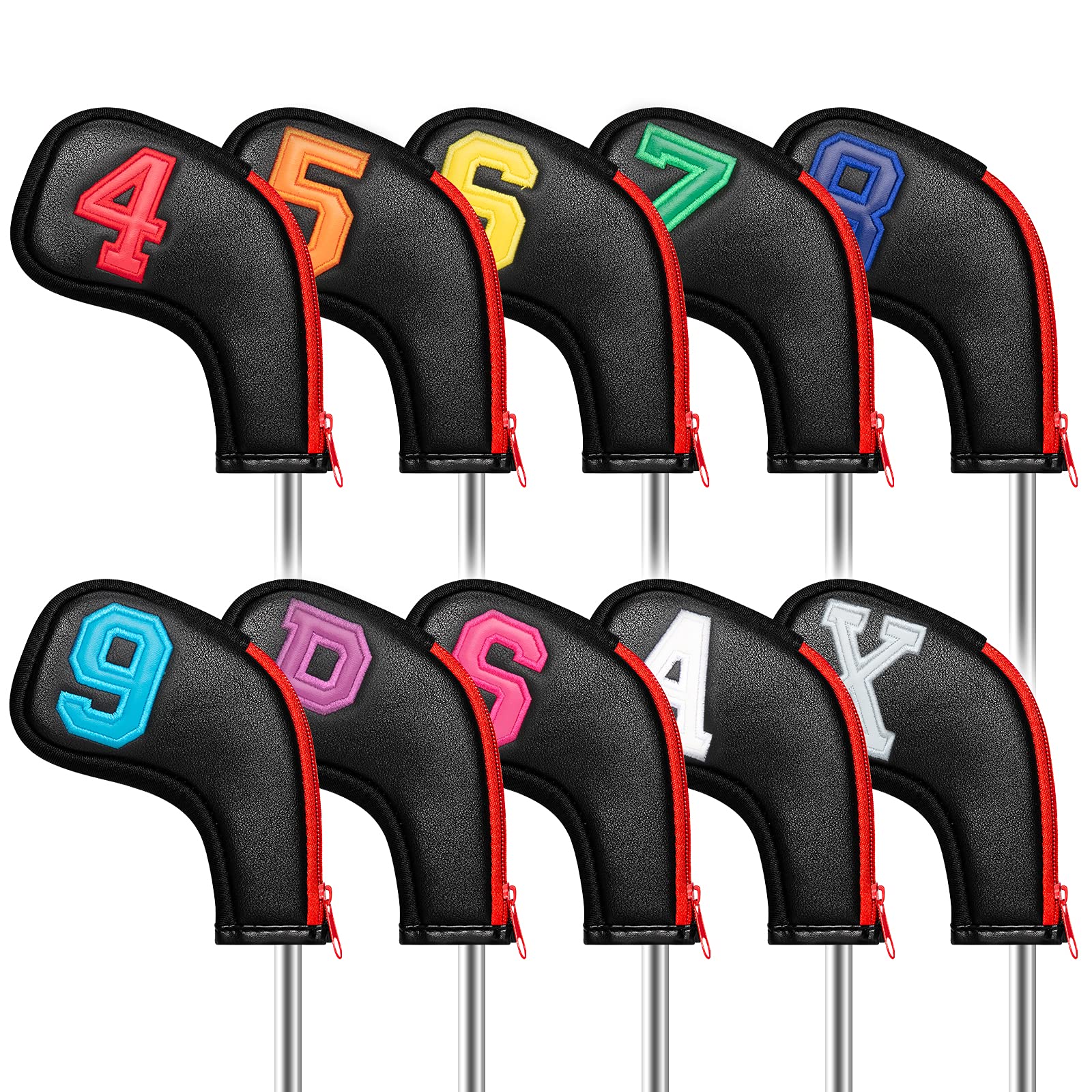 Sponsored Ad - Golf Head Covers for Iron Headcover with Zipper Black Leather 10pcs Set Colorful Number Embroideried PU Leather Waterproof Fit All Brands