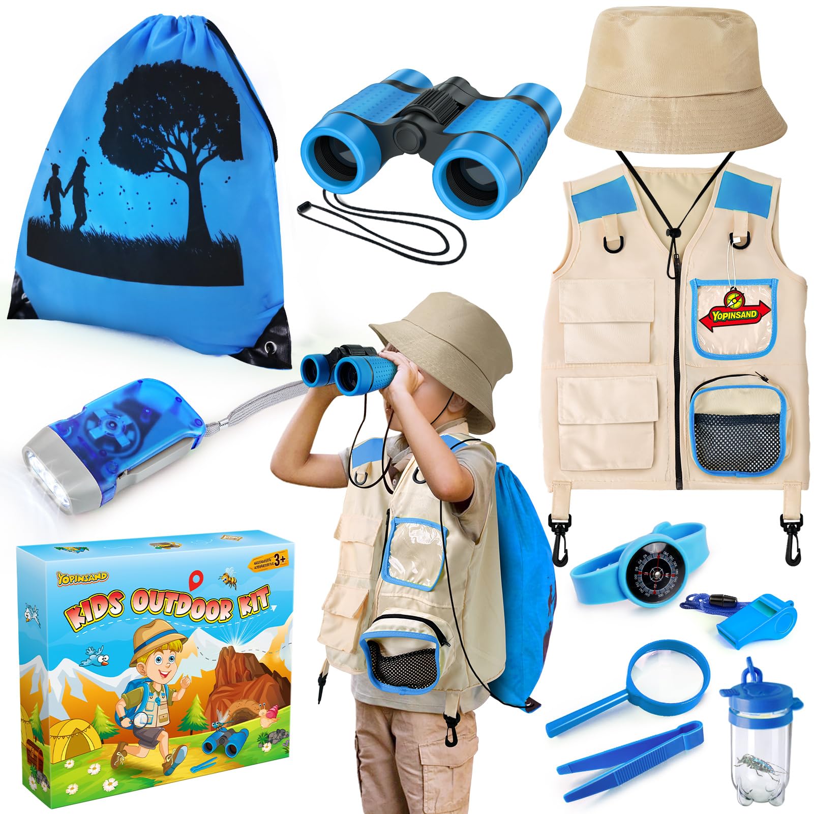 Explorer Costume Kids with Safari Vest & Hat, Kids Explorer Kit & Bug Catcher Kit with Binoculars, Outdoor Exploration Set with Vest & Hat, Ideal Outdoor Camping Adventure Toys for Boys Girls