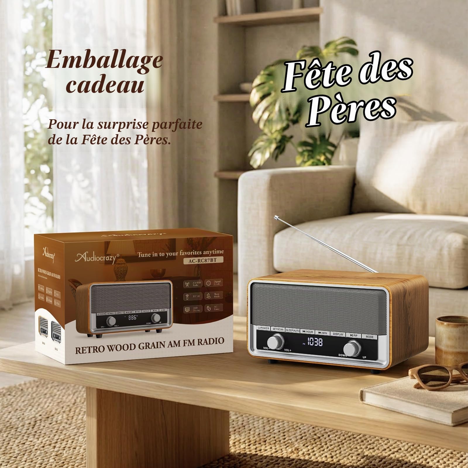 Radio AM FM rétro avec prise murale numérique pour chambre à coucher avec écran LCD, 40 préréglages, minuterie de sommeil, haut-parleur Bluetooth rétro pour bureau, excellent cadeau en bois