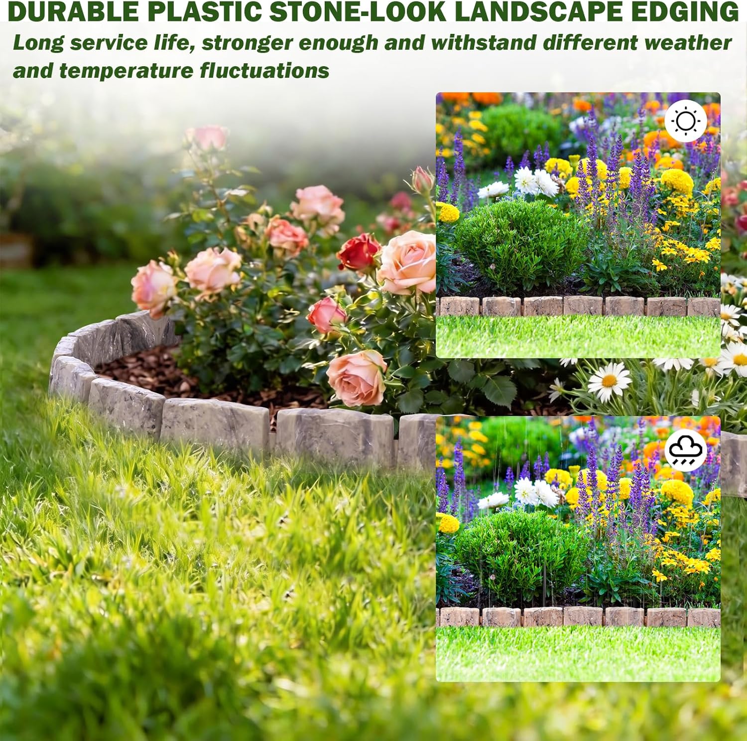 Landscape Edging Garden Edging Border Faux Stone Edging,91FT x 2.75 in Tall Decorative Stone-Look Garden Border for Flower Bed Edging,Yard Edging,Lawn Trees and Gardens,with Anchoring Spikes,Brown
