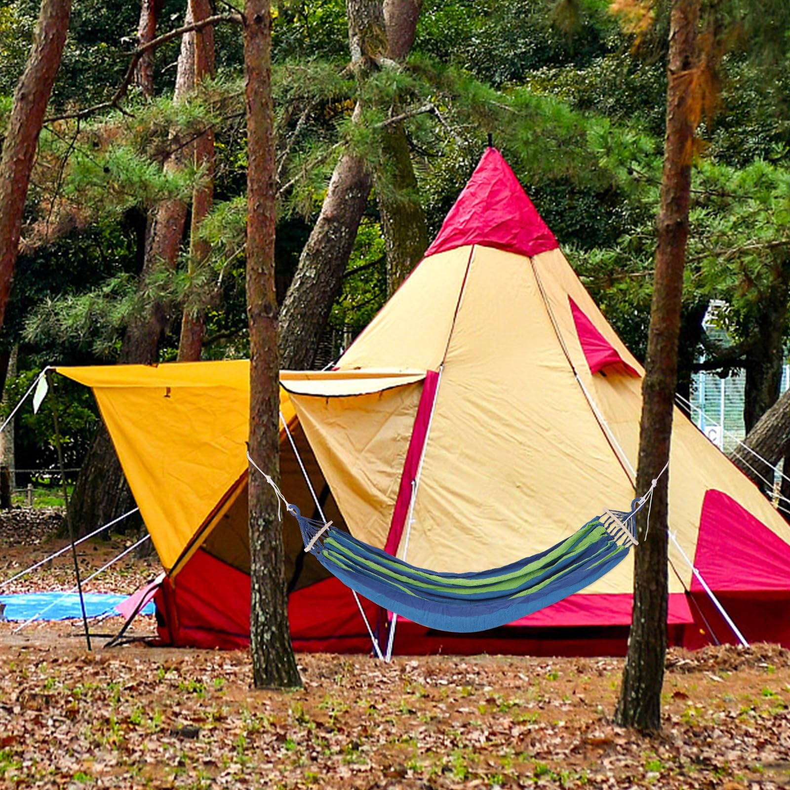 Hemobllo Hamac de Camping Double en Toile de Coton Rayée Bleu avec Boucle Anti-Renversement Capacité 150kg Pliable pour Forêt et Plage