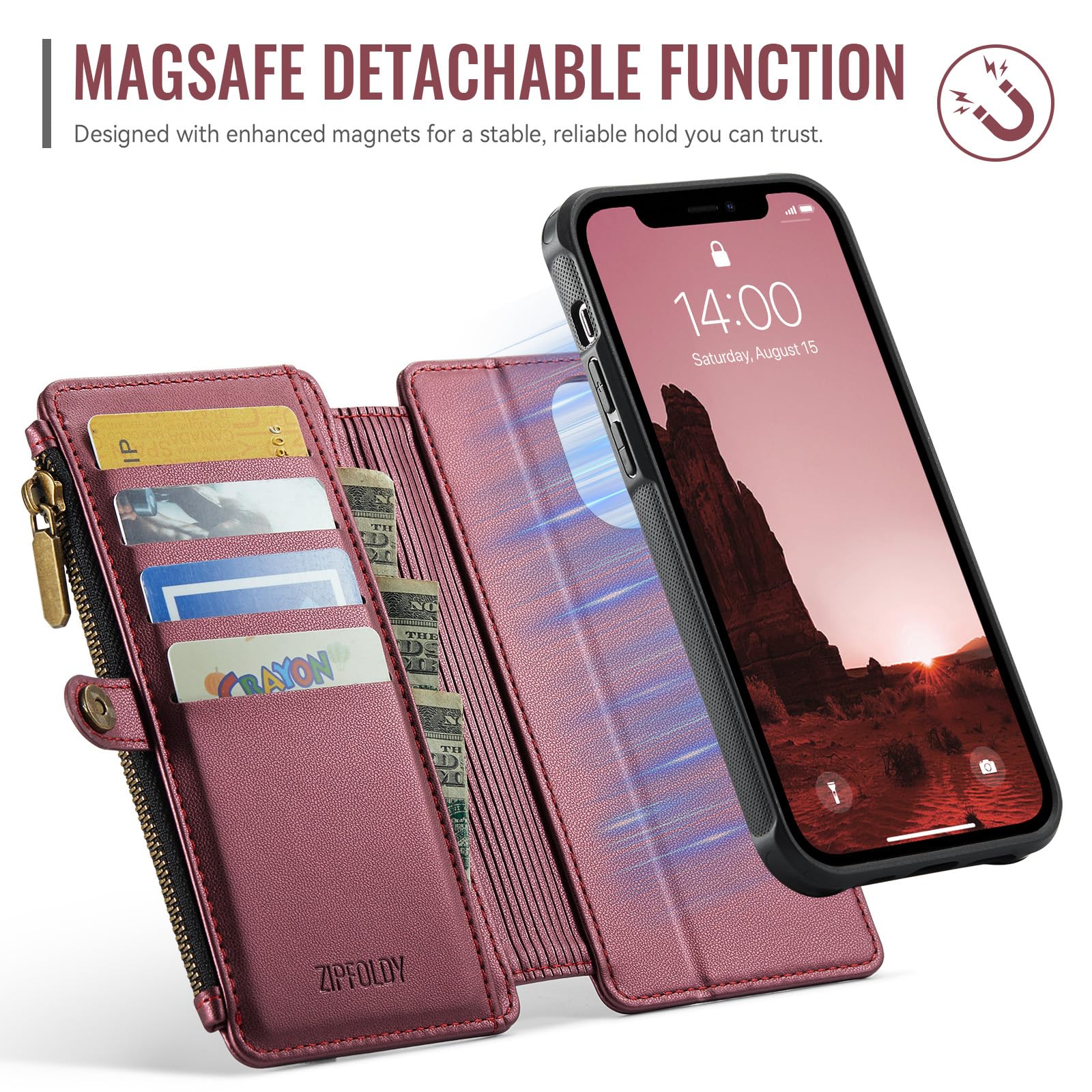 per iPhone 13 - Custodia a portafoglio magnetica staccabile | Compatibile con Magsafe, porta carte di credito con blocco RFID, tasca con cerniera, cinturino da polso
