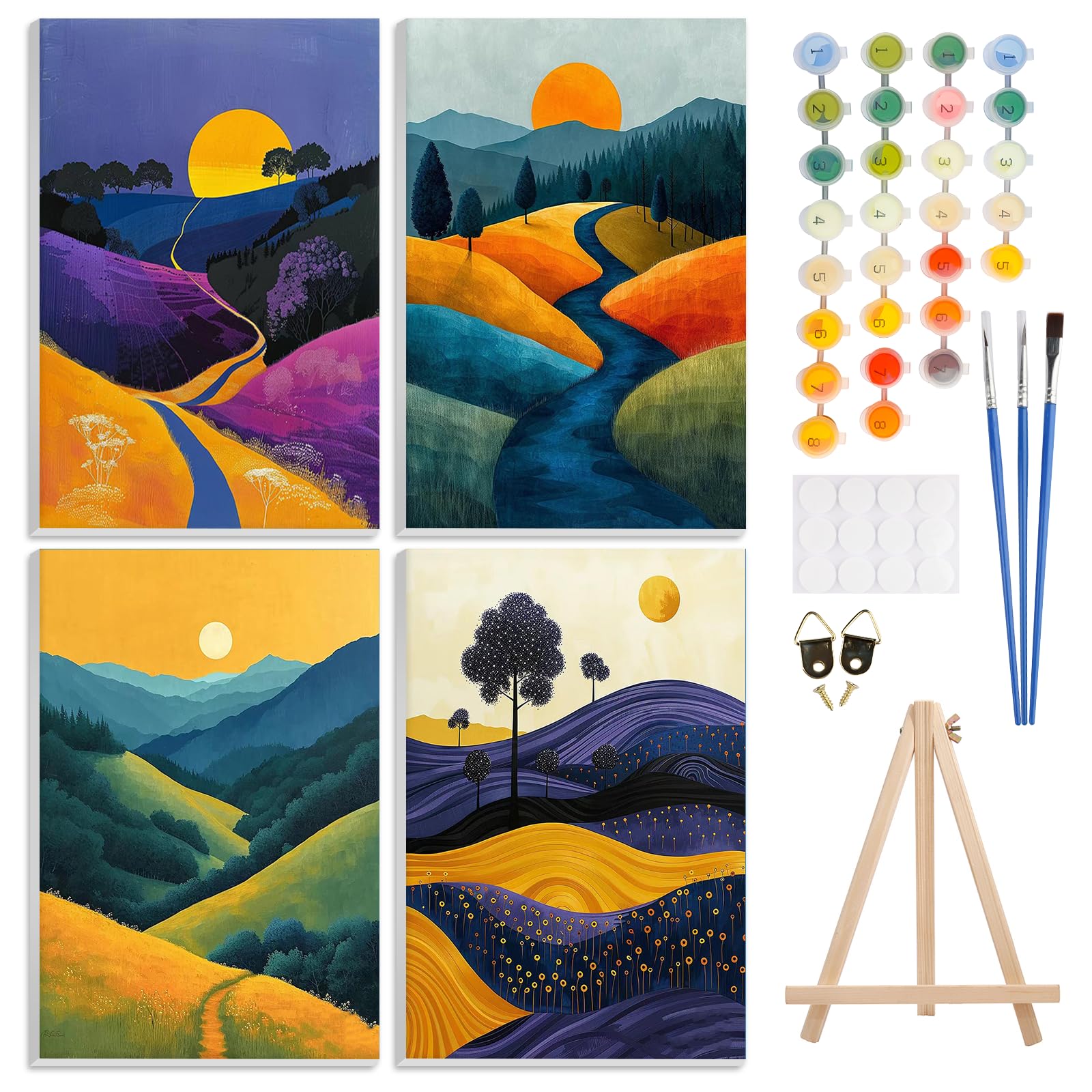 4 Pack Paint by Number Kits for Adults with Framed Canvas&Wooden Easel, DIY Adult Painting by Number Kit Oil Acrylic, Sunset Mountains Painting Kit for Beginners, Arts and Crafts for Decor 8x12in