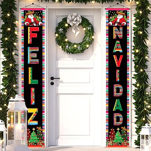 Nepnuser Decoración de Navidad mexicana para porche, pancarta española de invierno para fiestas, decoración de puerta delantera, letrero de